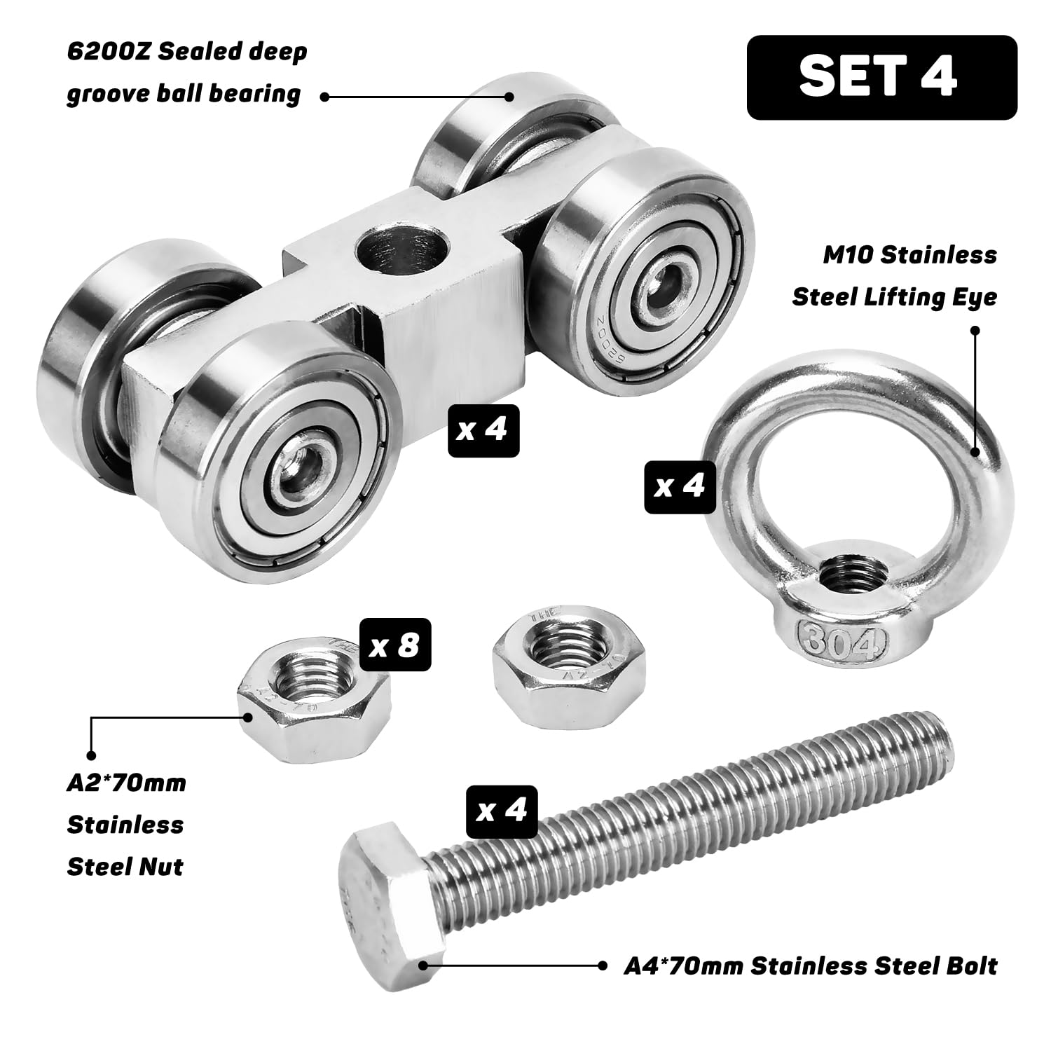 4-Wheel Trolley Roller Assembly (Pack Of 4) For 1-5/8" Unistrut Channel With M10 Bolt