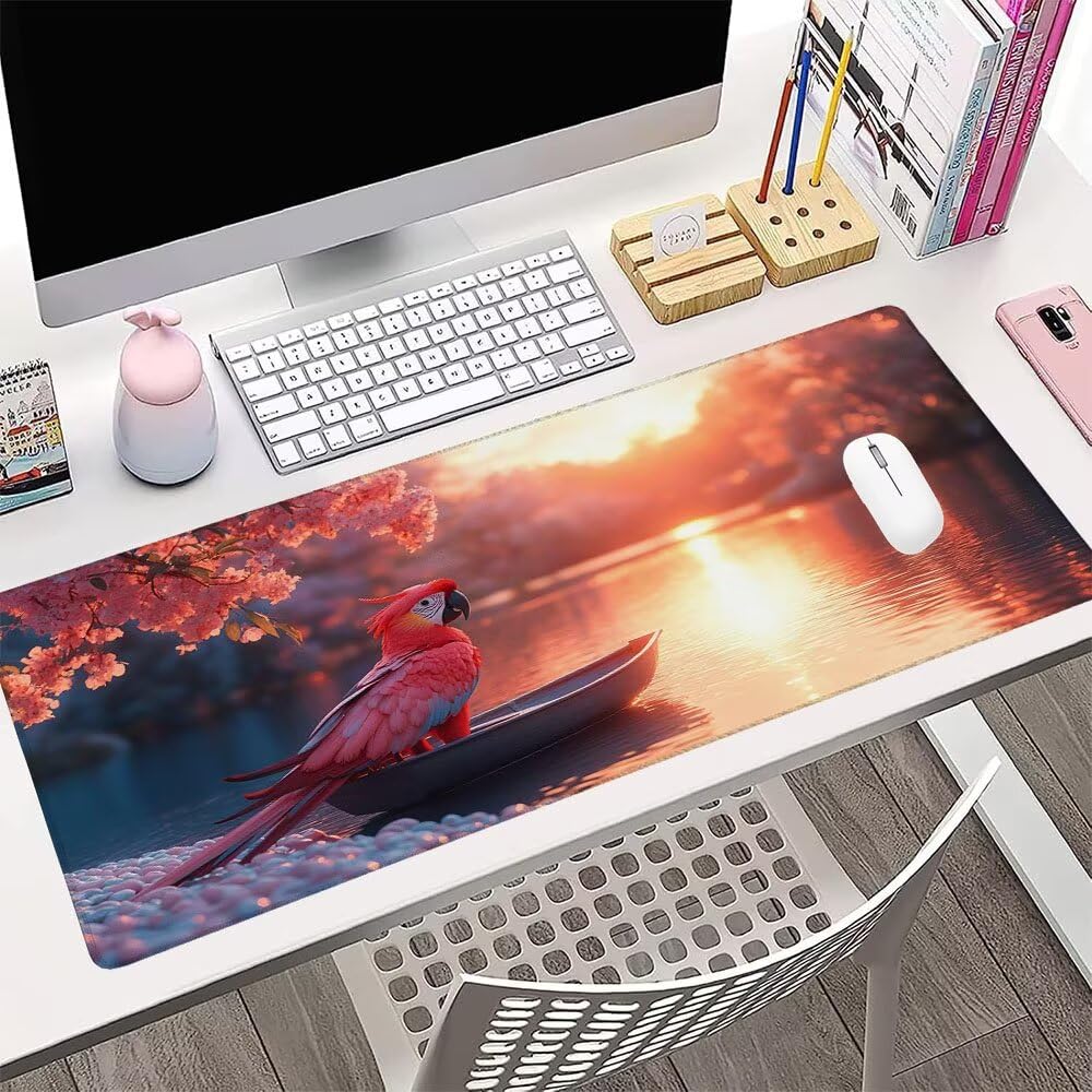 Różowa podkładka pod mysz XXL pod biurko do gier akcesoria do klawiatury podkładka pod mysz rozszerzona papuga szeroka mata do gier 1400 x 600 x 3 mm ochrona na biurko gumowa podstawa, przeszyte