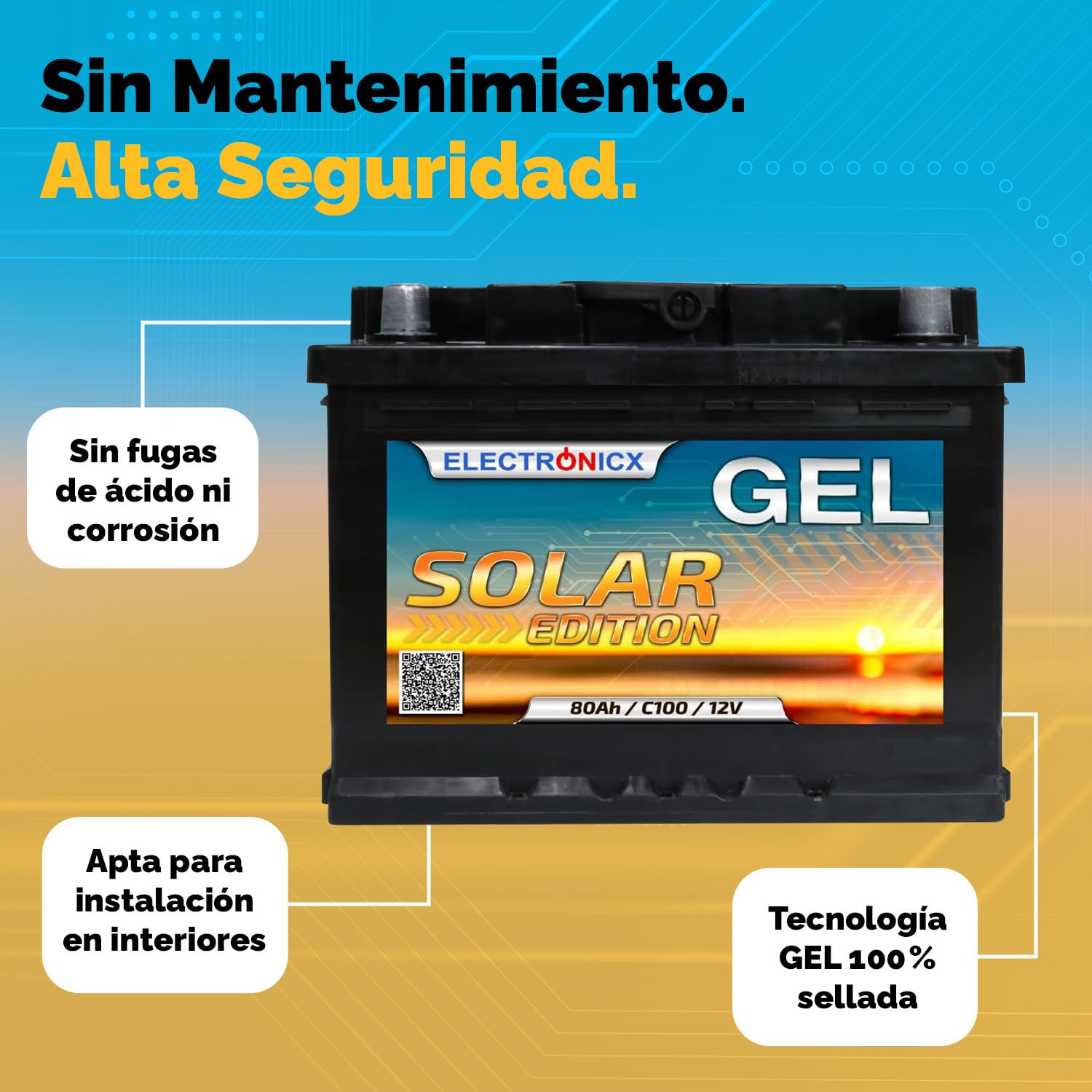 Batería de alimentación Gel Electronicx 12V 80Ah – Batería 12 voltios 80 Ah – batería Solar para Autocaravana, Furgoneta y Barco – acumulador de Gel para fotovoltaica, Camping, Marina