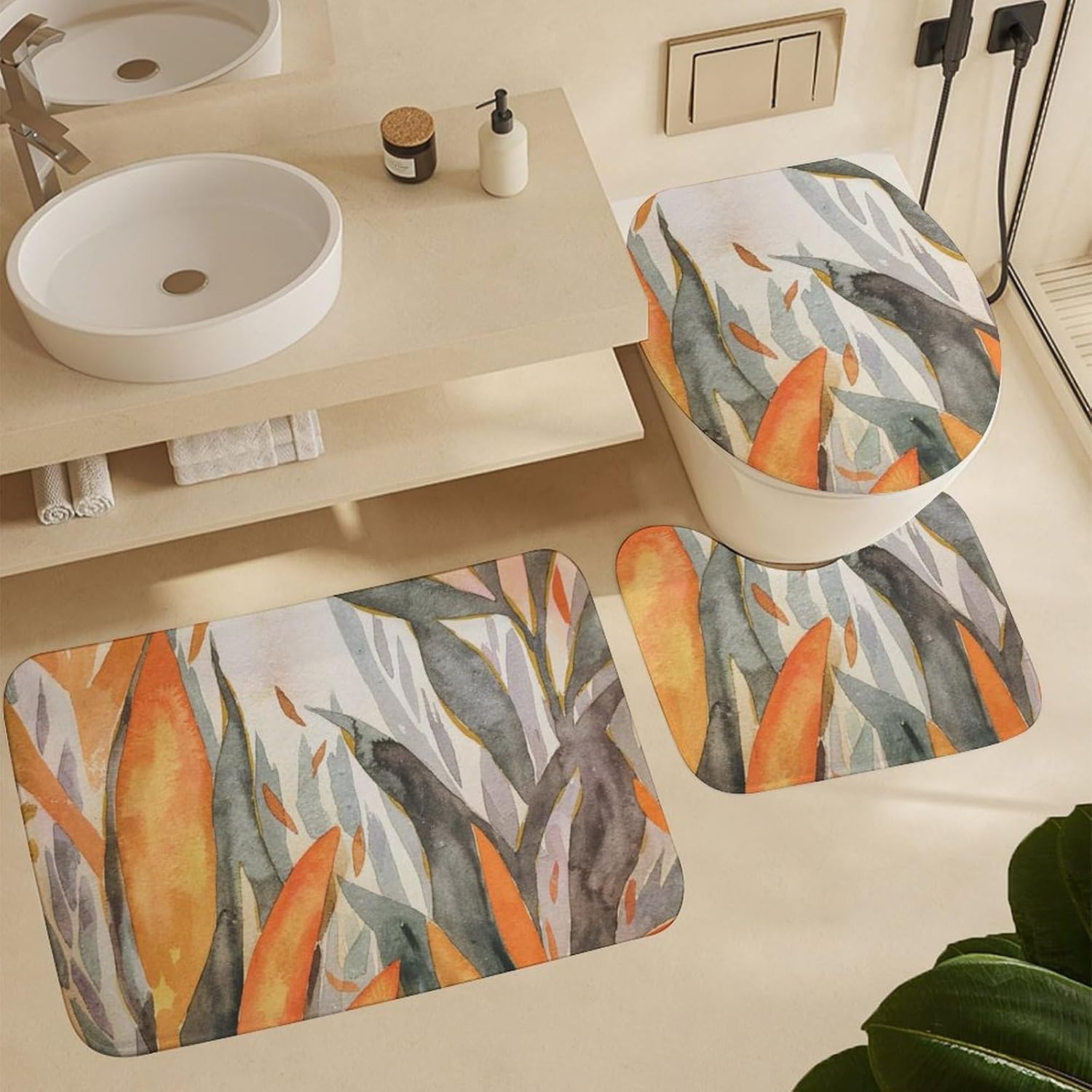 Bathroom Mat Set, Spring Pattern Printed on Bathroom Accessories Sets Complete, Great for Master Bath Beach House Modern Home