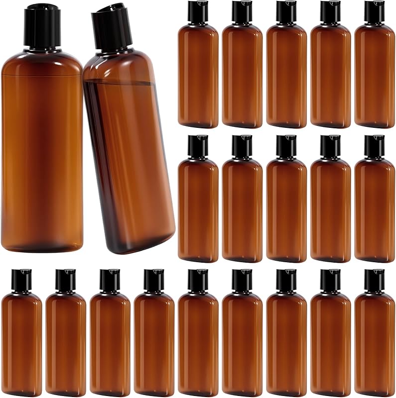 Frascos Recarregáveis Domensi de Plástico PET com Tampa Disc Top, 200 mL, Marrom, Pacote com 24