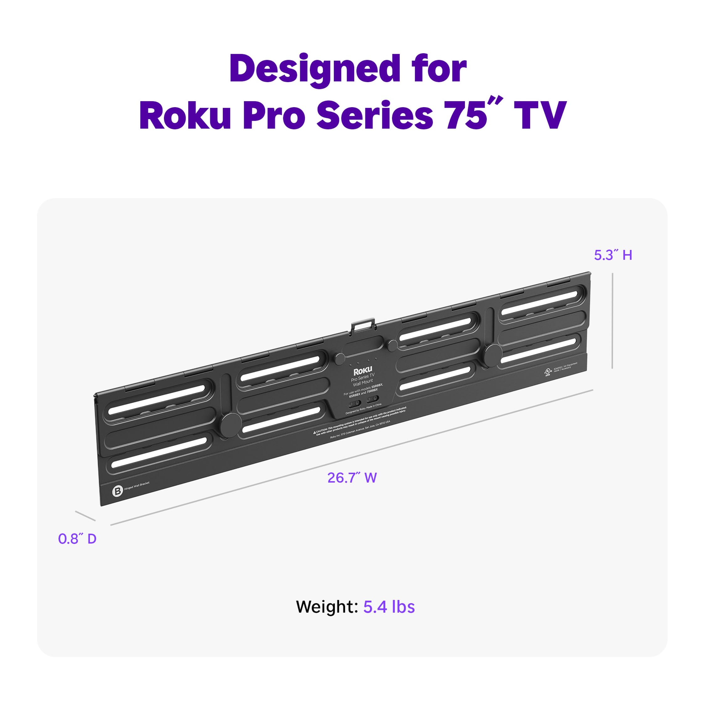Roku Kit de Montaje en Pared para TV Pro Series de 75 Pulgadas, Ultrafino con diseño Minimalista y Plano, Soporte para TV con bisagras y Soporte para un fácil Acceso a los Cables