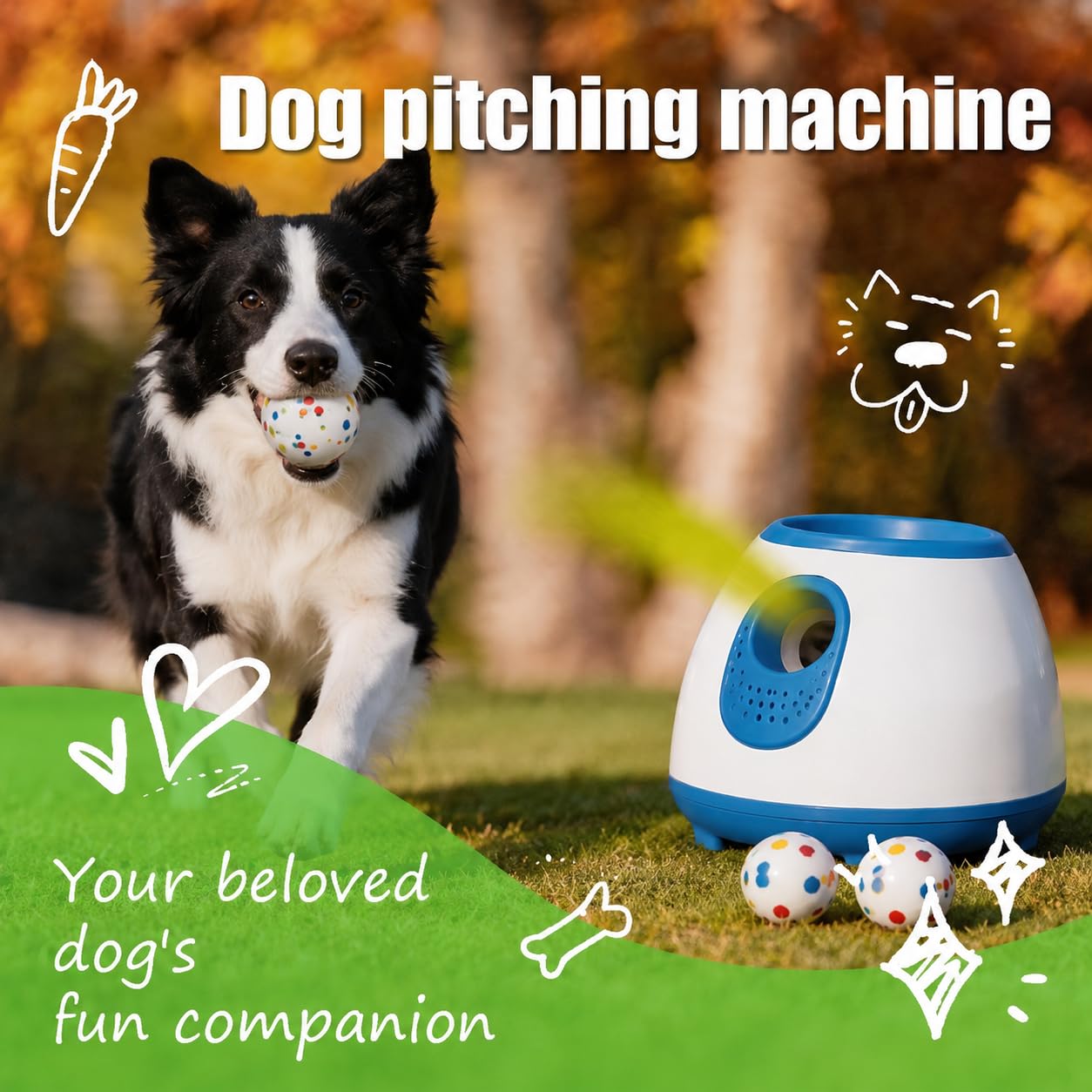 ALLUMK Lanzador automático de Bolas para Perros, 3 distancias Regulables, Doble alimentación, Incluye 6 Bolas de Espuma, Juguete Interactivo para Perros pequeños y medianos Interior y Exterior | Doble alimentación, 6 bolas de espuma incluidas, juguete int