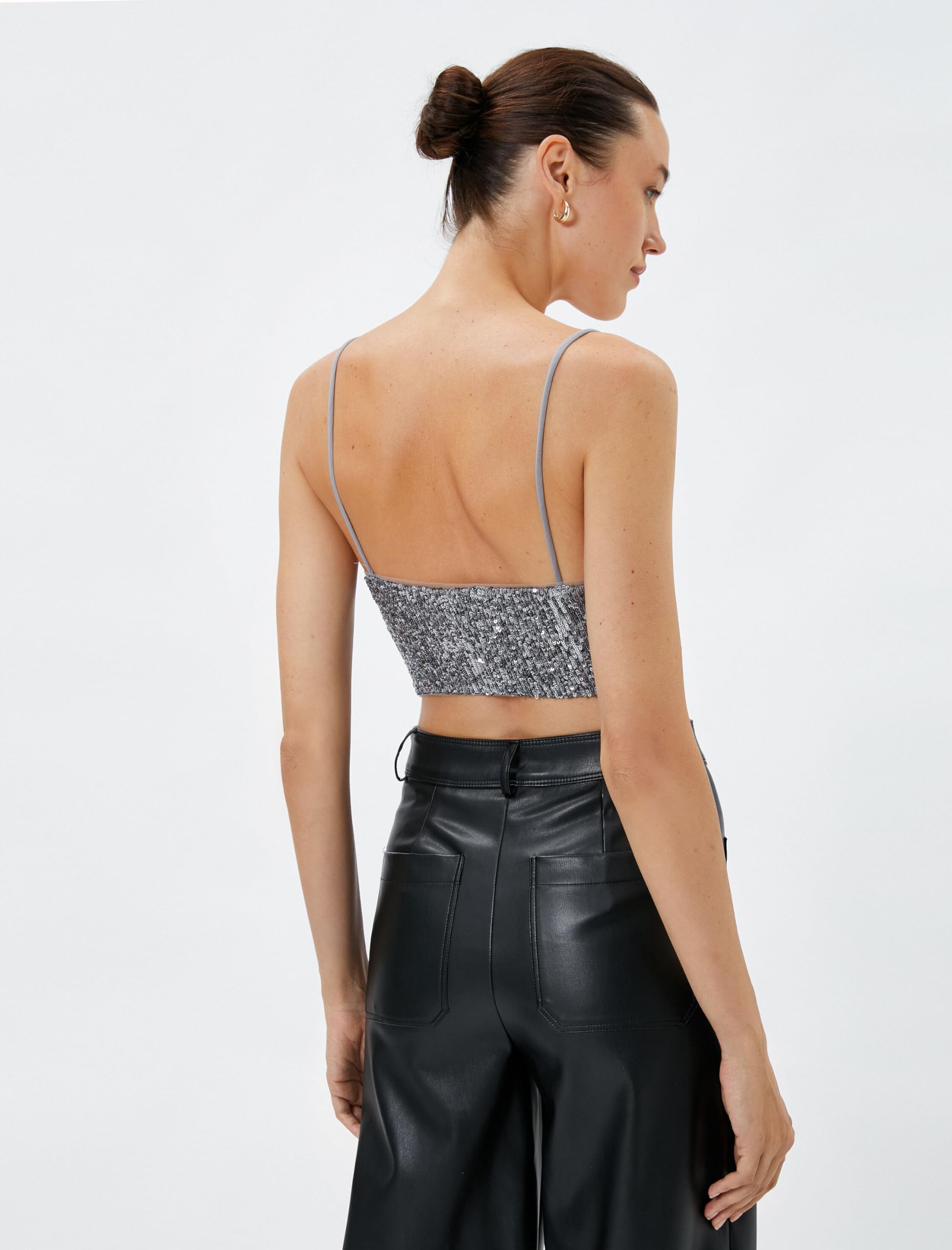 Koton Crop Tank Top Sequined Spaghetti Straps Slim Fit Camiseta para Mujer
