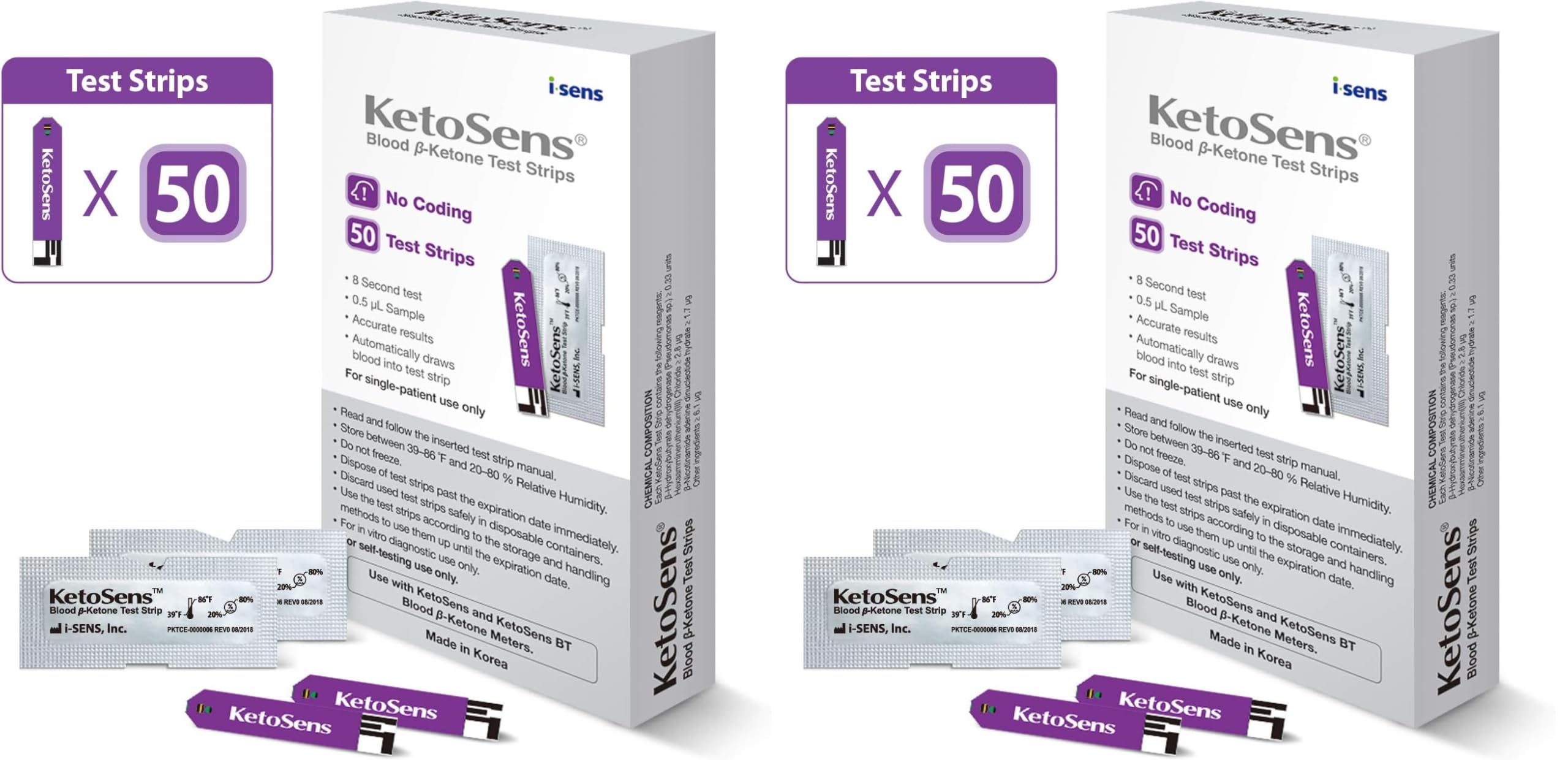 KetoSens Blood Ketone Test Strips, 50 Test Strips per Box, Compatible with KetoSens Family Meters, Pack of 2 (100 Total Test Strips)