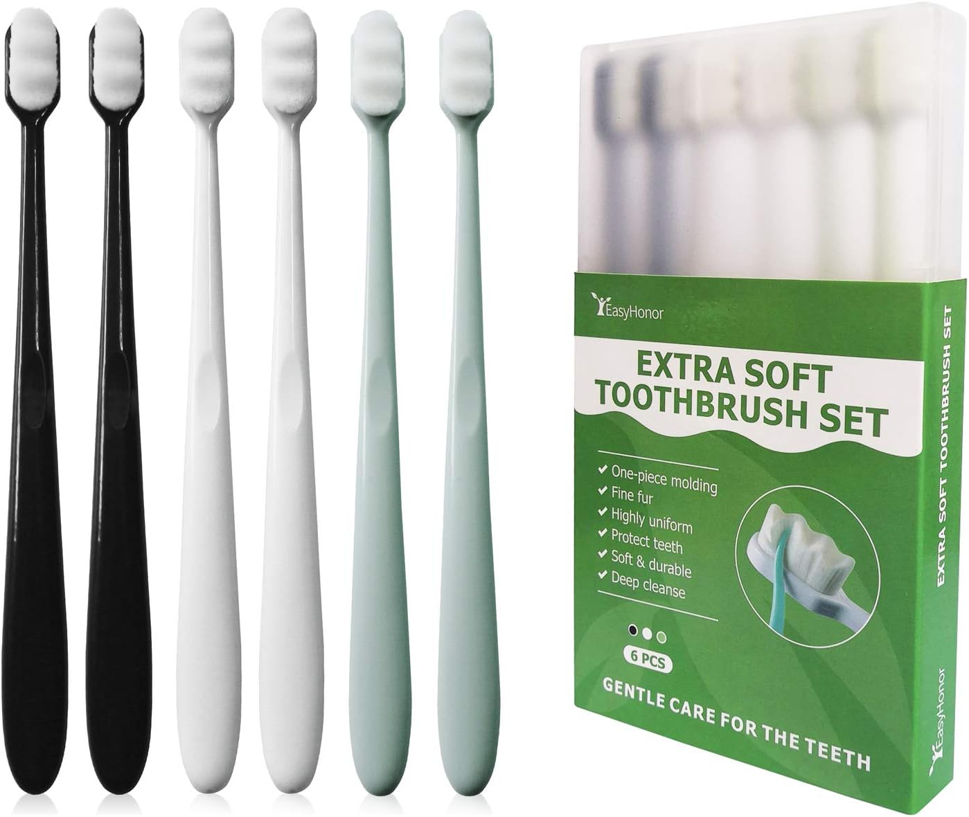 EasyHonor Extra Soft Toothbrush for Sensitive Gums, Micro-Nano Manual Toothbrush with 20000 Soft Floss Bristle, Protect Fragile Gums (6 Pack)