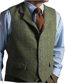 Mens Casual Plaid Suit Vest Tweed Slim Fit Waistcoat for Wedding Groomsmen
