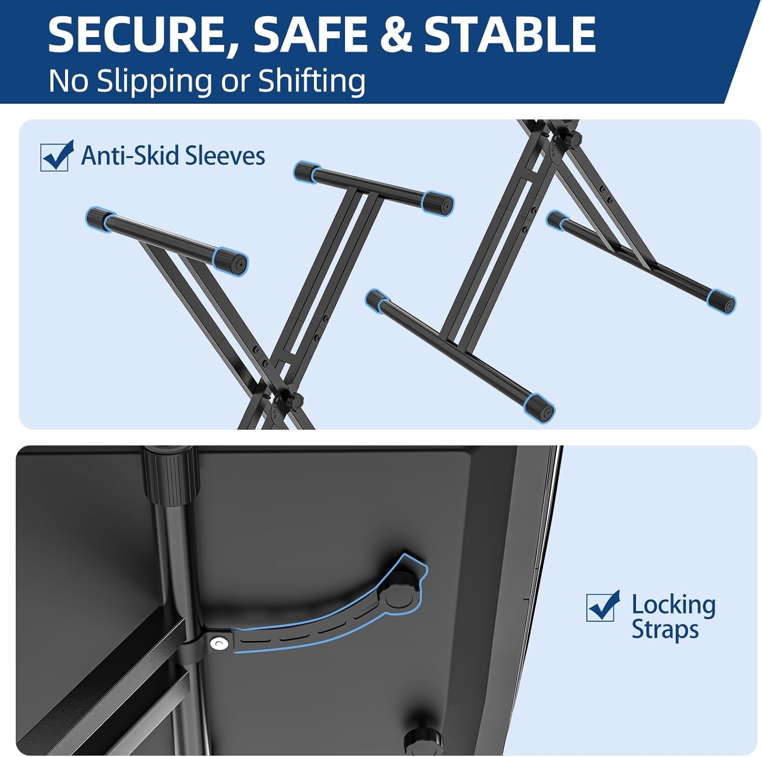 GLEAM Keyboard Stand, Iron Digital Piano Stand with Locking Straps - Heavy Duty, Double X Style, Fits 54-88 Key Electric Pianos, DJ, Turntables, Synths and Midi Keyboards. Load Capacity 100LB