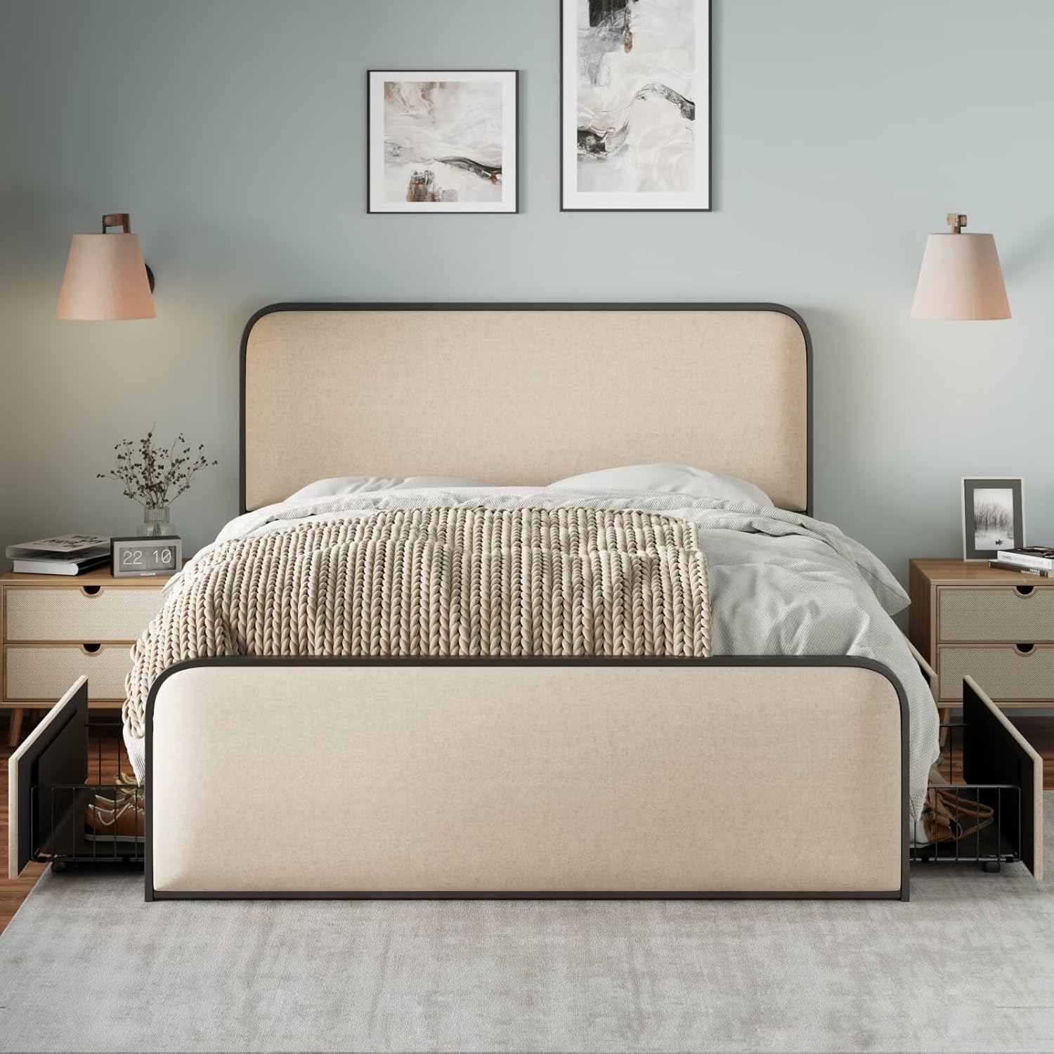 JIJIWANG Queen Size Metal Bed Frame with Curved Upholstered Headboard and Footboard, Modern Platform Bed with 4 Storage Drawers Heavy Duty Metal Slats Beige