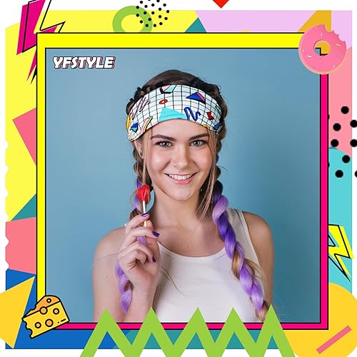 Miniatura 3 de yfstyle Diademas de los años 80 y 90, accesorios para fiesta brillante, estampado retro, viajes, fiestas, bandas para el sudor, yoga, correr,