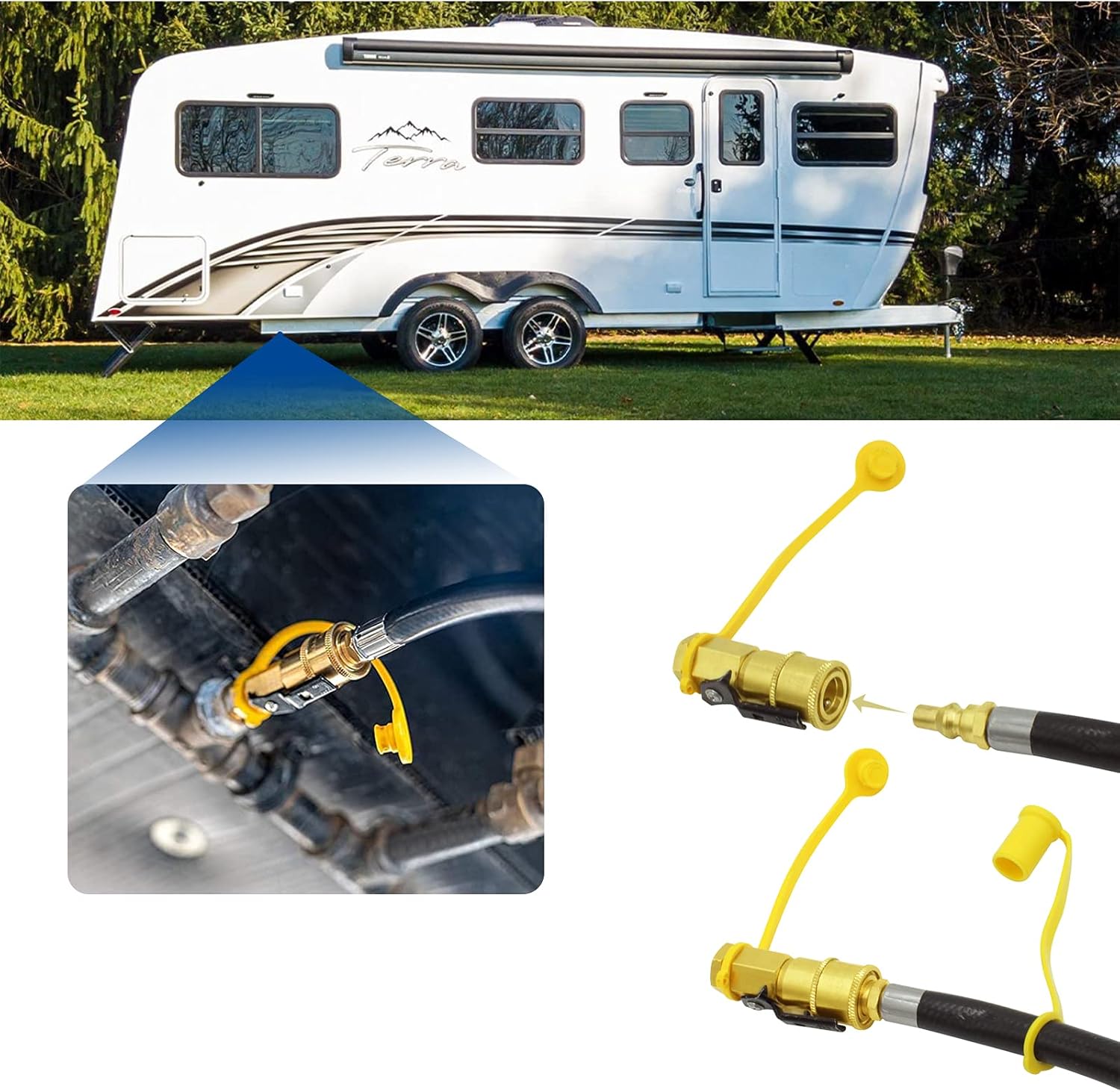 RV 1/4" Propane Quick Connect Adapter with 16 Foot Y-Splitter Propane Extension Hose, Suitable for 2 Camping Gas Grill Quick Connection to RV Trailer