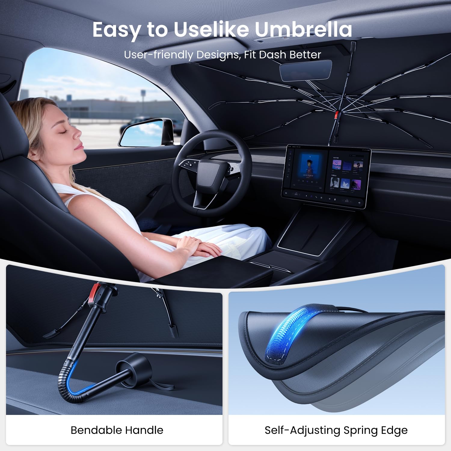 REEVAA Pare-soleil amélioré pour pare-brise [100 % de protection solaire et garde au frais] Protège l'intérieur, poignée flexible à 360 ° pour Honda, Chrysler, Toyota, K13