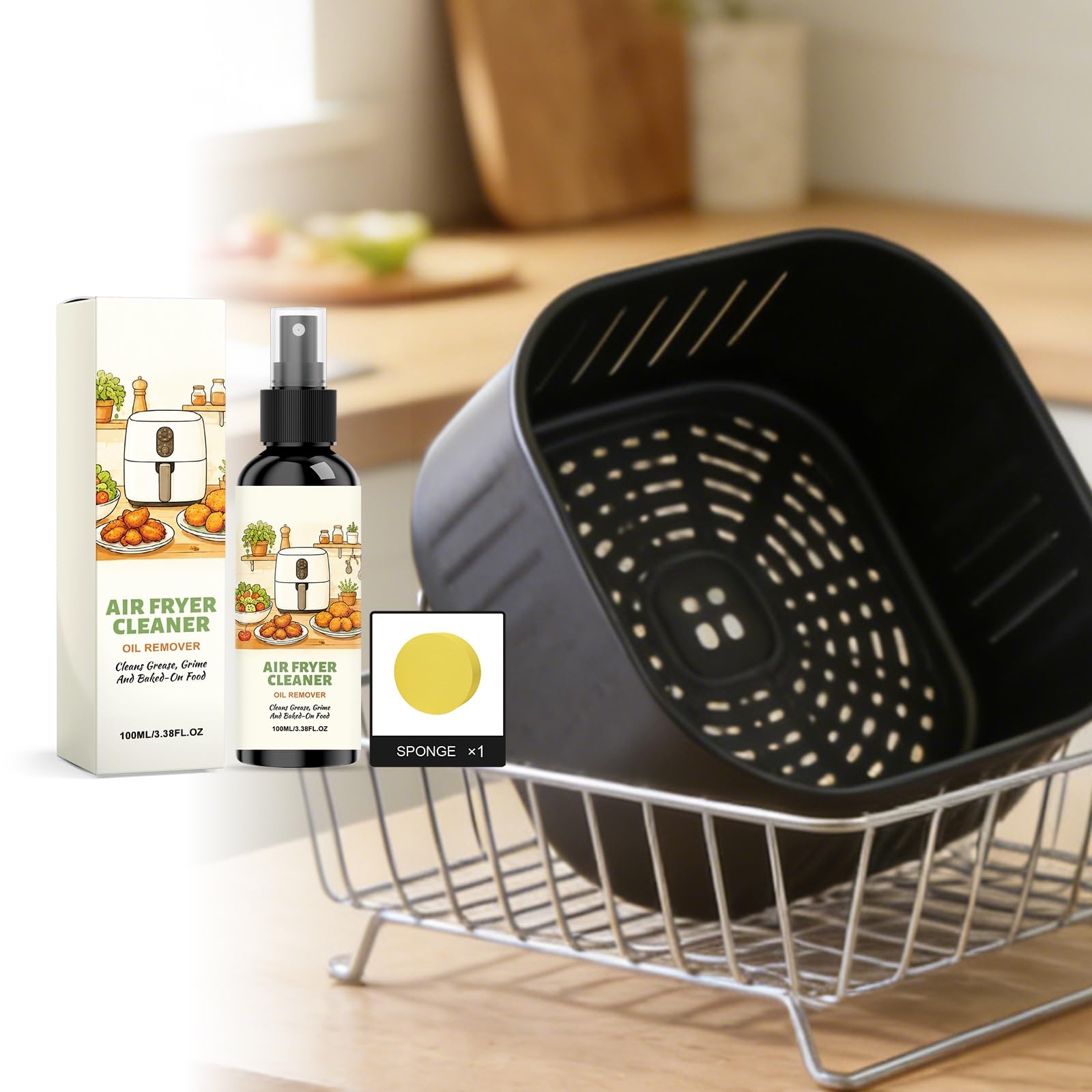 2-in-1 Airfryer-Reiniger und Entfetter-Spray, Airfryer-Reiniger-Spray, Küchenentfetter für Grills, Spezieller Fettlöser für Backofen und Herd (100 ml + Schwamm) (8pcs)