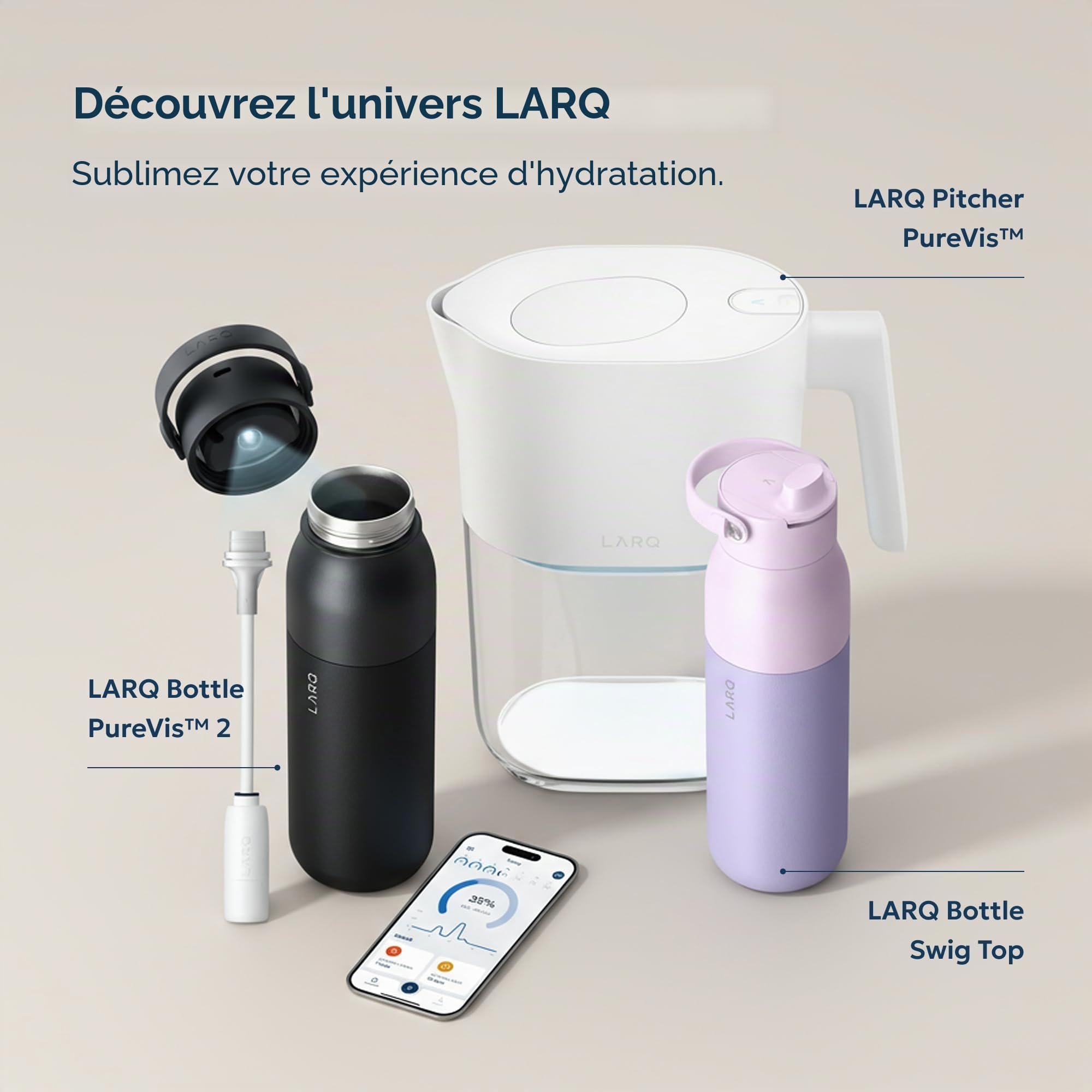 LARQ Movement PureVis 710ml – Gourde UV auto-nettoyante en acier inoxydable avec housse en silicone | Légère, antichoc, garde l’eau fraîche | Sport, course, plein air, White/Dune
