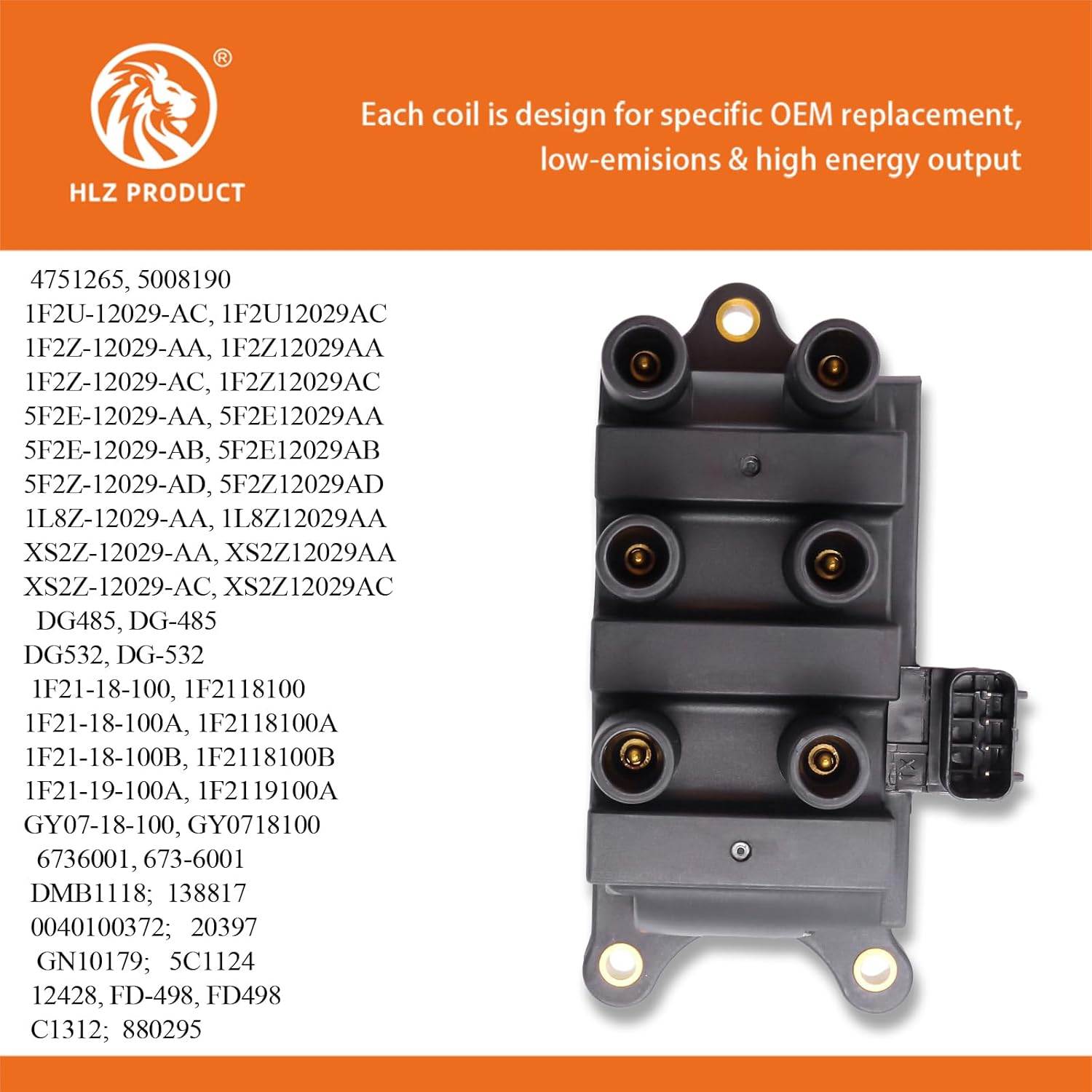 HLZPRODUCT Ignition Coil Pack Set Of 1 Compatible With Ford E150 E250 F150 Freestar Mustang Ranger Taurus Windstar Mazda B3000 MPV Mercury Cougar Monterey 2.5 3.0 3.9 4.2 V6 Replacement For FD498