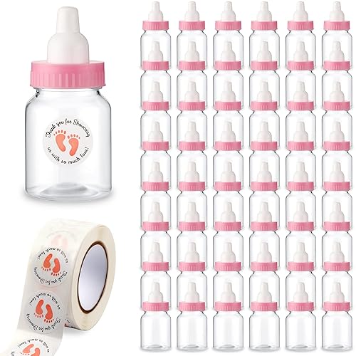 Tondiamo 48 mini botellas rosas para baby shower, 1.5 x 3.5 pulgadas, tarro de dulces para baby shower, mini botella de leche, cajas de regalo