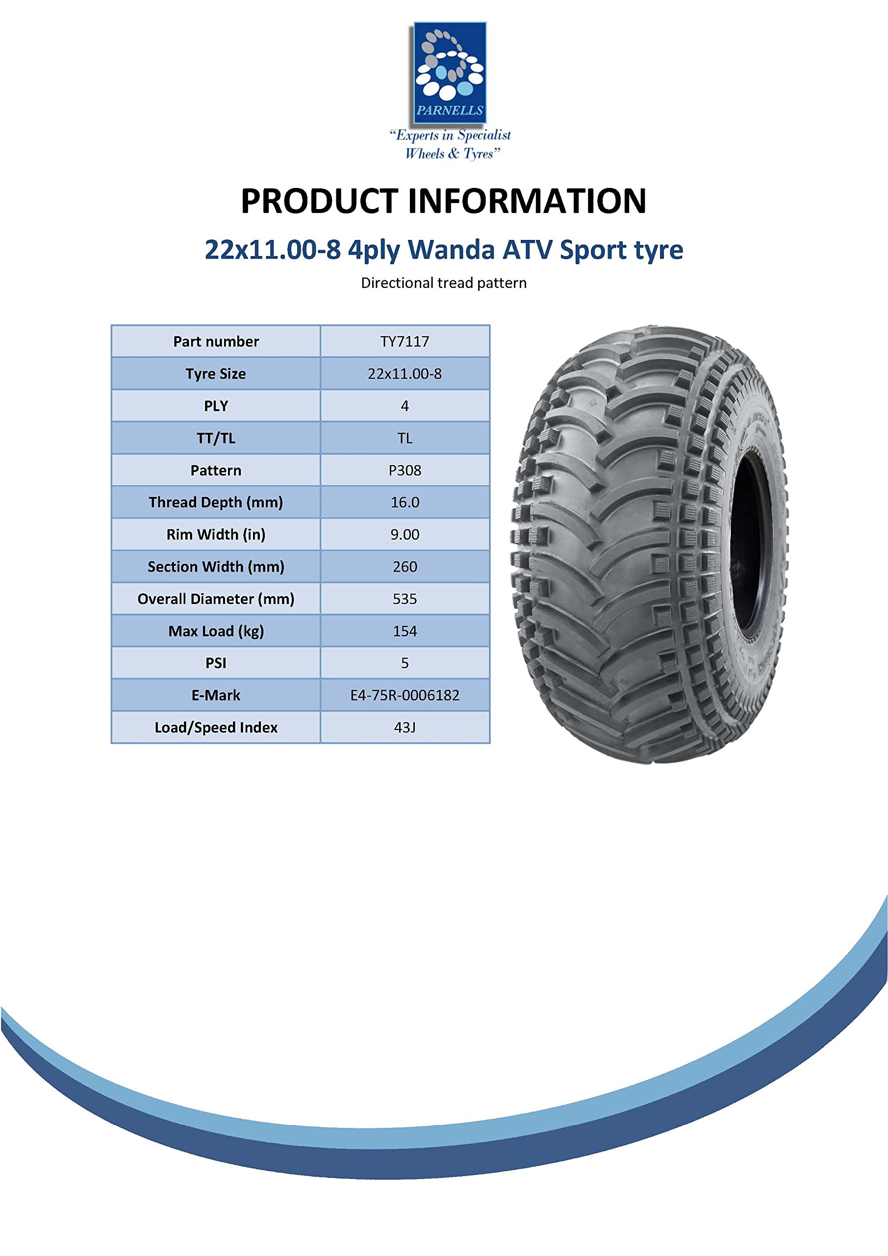 Parnells - 1 Pneumatico Tubeless per Rimorchio Quad 22x11.00-8, Pneumatici Wanda P308 a 4 Strati con Profondità del Battistrada di 16 mm, Carico Massimo 145 kg a 5 Psi, per Rimorchio Quad ATV