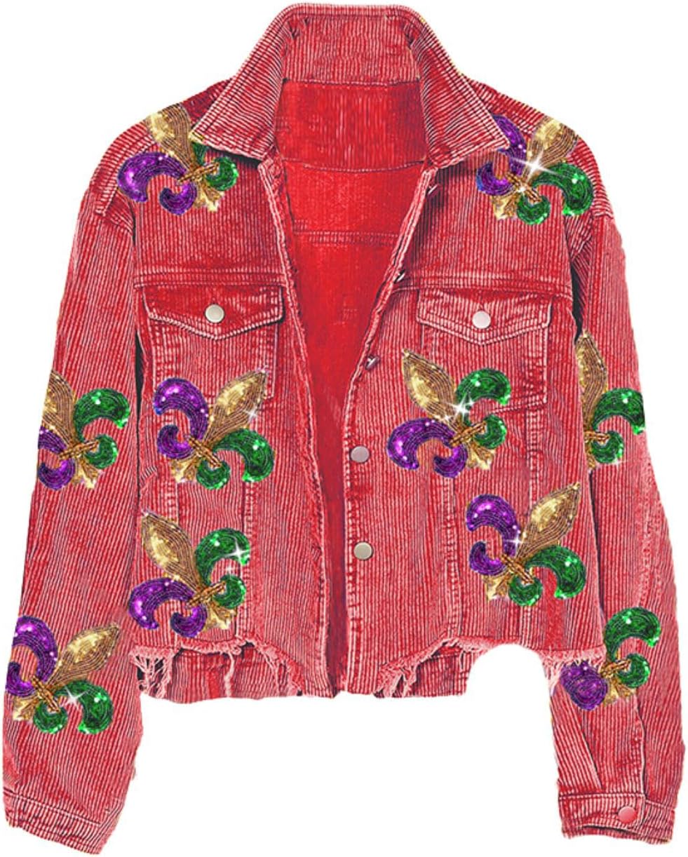 happlan Women's Sequin Embroidery Cropped Frayed Hem Vintage Washed Corduroy Jacket Coat Shacket for Women