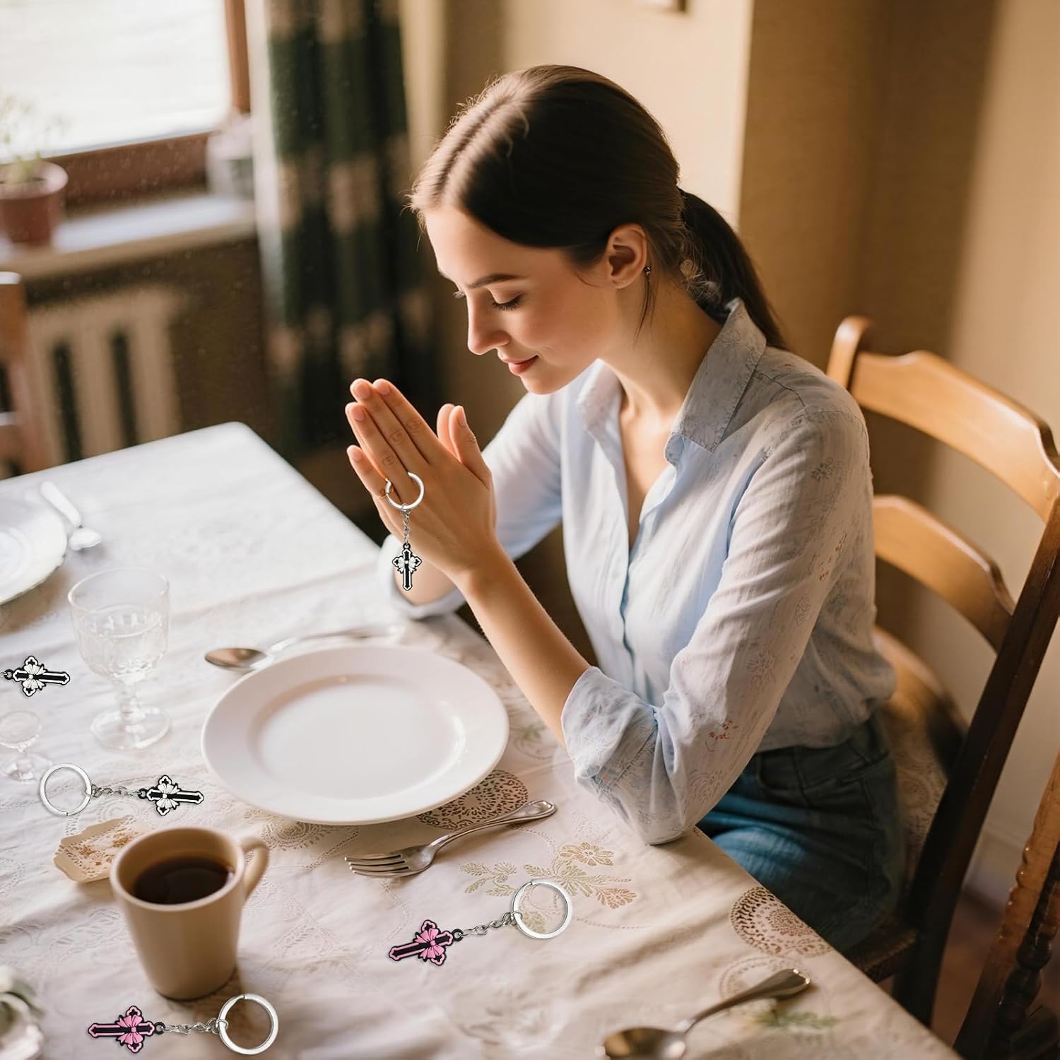 12 Pcs Women's Cross Keychain with Bow Design, Christian Cute Backpack Decorations, Bulk Butterfly Keychains Playful Easter Christmas Gifts for Wallet Bag - Image 6