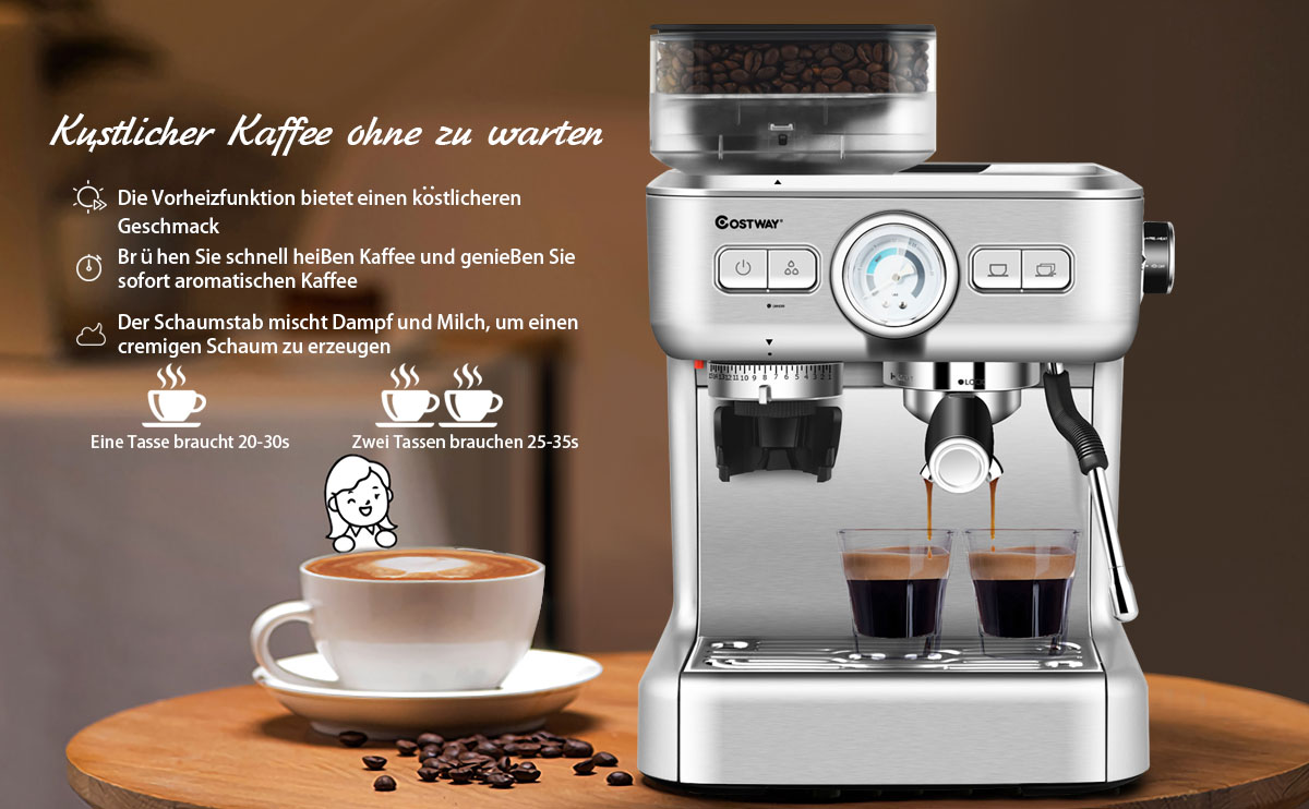 COSTWAY Siebträgermaschine mit 30 Stufen Mahlwerk, Kaffeemaschine mit Milchaufschäumdüse, Espressomaschine mit PID… – Bild 8