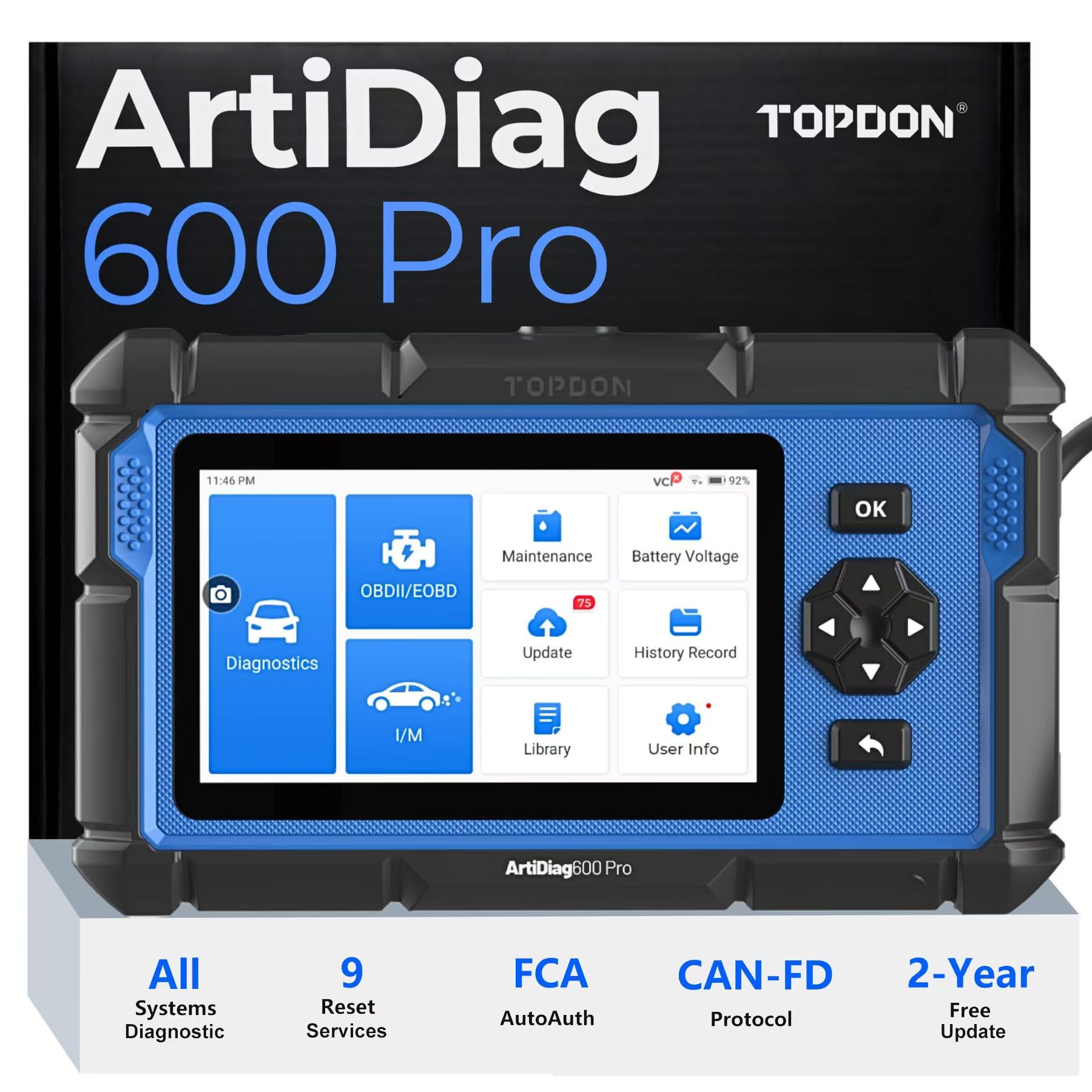 TOPDON ArtiDiag600 Pro, OBD2 Scanner Diagnostic Tool for All Systems, Code Reader Scan Tool with 9 Essential Maintenance Functions, Car Scanner with Andriod OS, Upgraded Version of AD600S/AD500