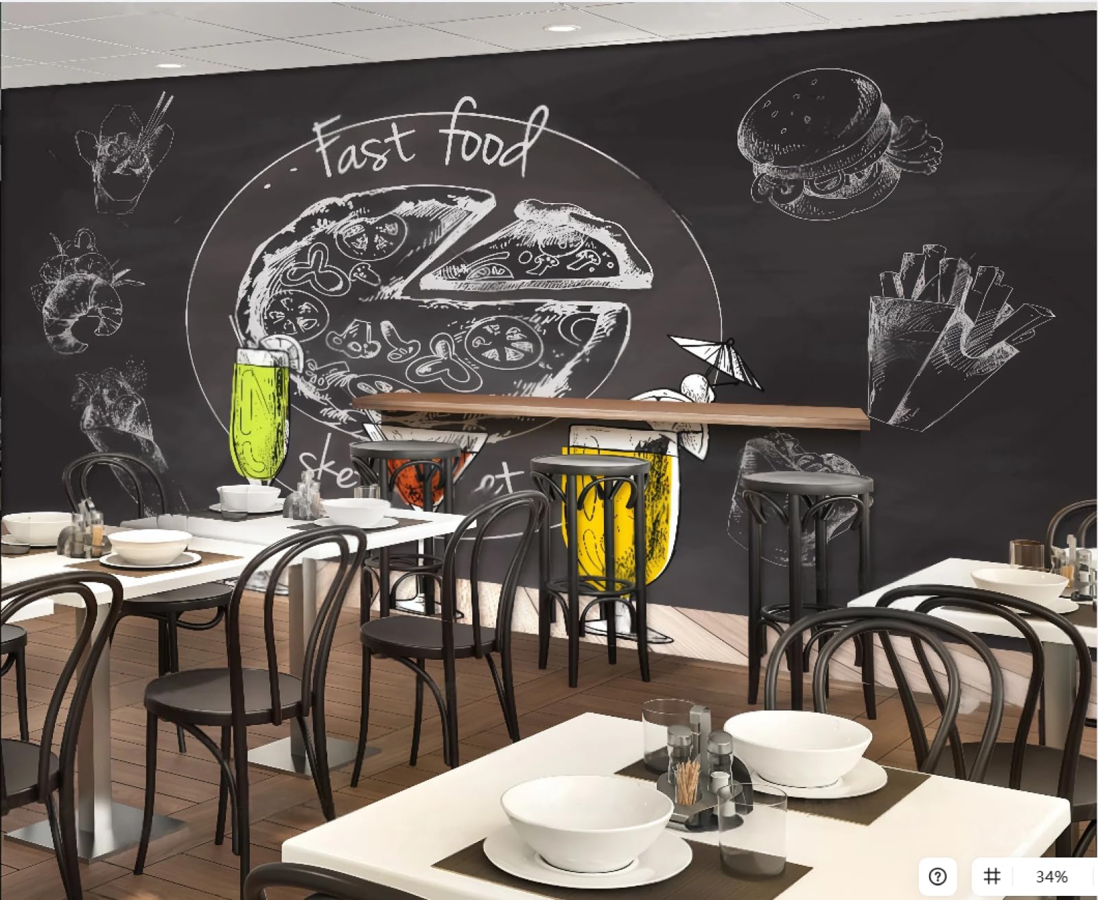 XDOUBAO Wallpaper Retro Blackboard Newspaper Hand-Painted Pizza Theme Gourmet Burger Afternoon Tea Western Restaurant Background Wall Wallpaper Coffee Shop Mural,3D,430x300cm
