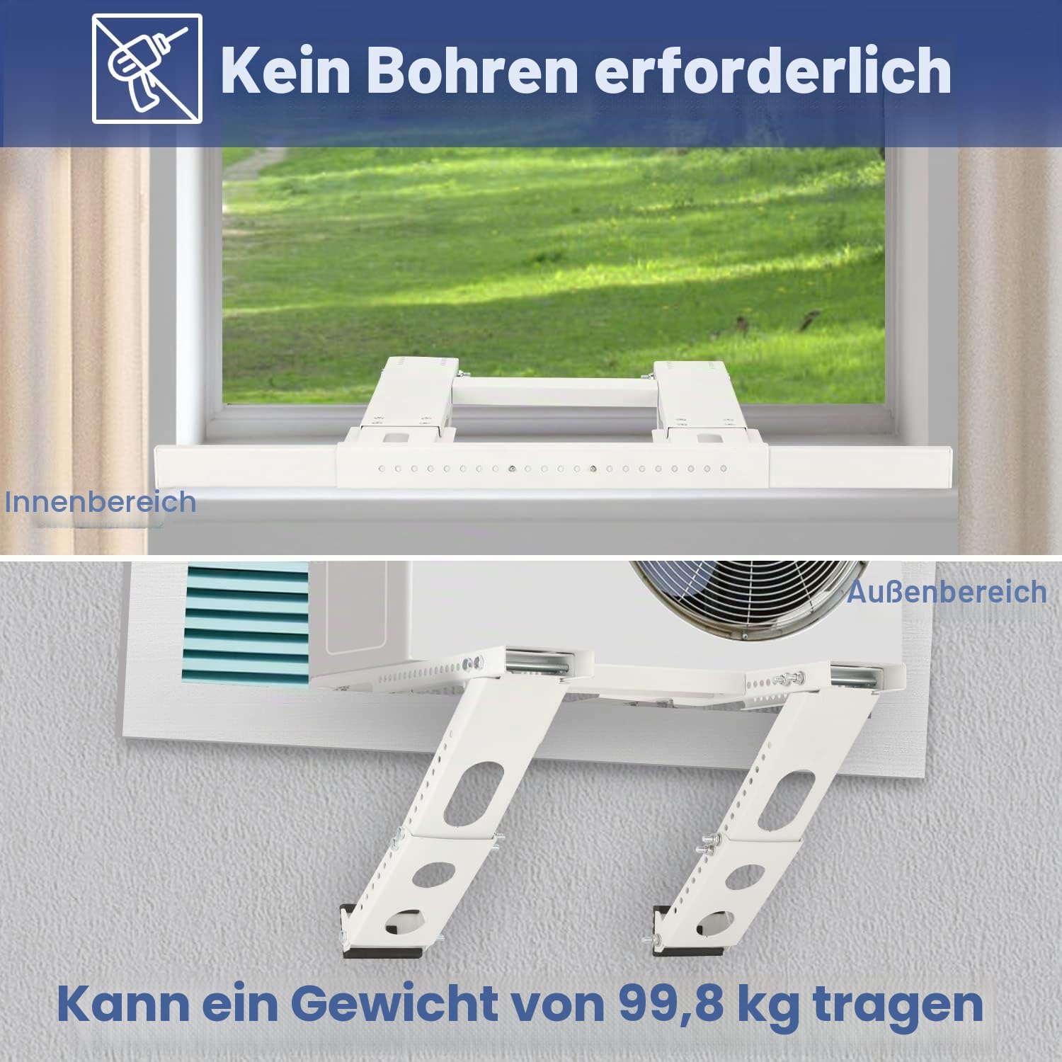 Fenster-Klimaanlagen-Halterung, universelle AC-Fensterhalterung, kein Bohren und Werkzeug erforderlich, robuster Stahl, hält bis zu 100 kg, passend für ein- oder doppelt hängende Fenster, mit