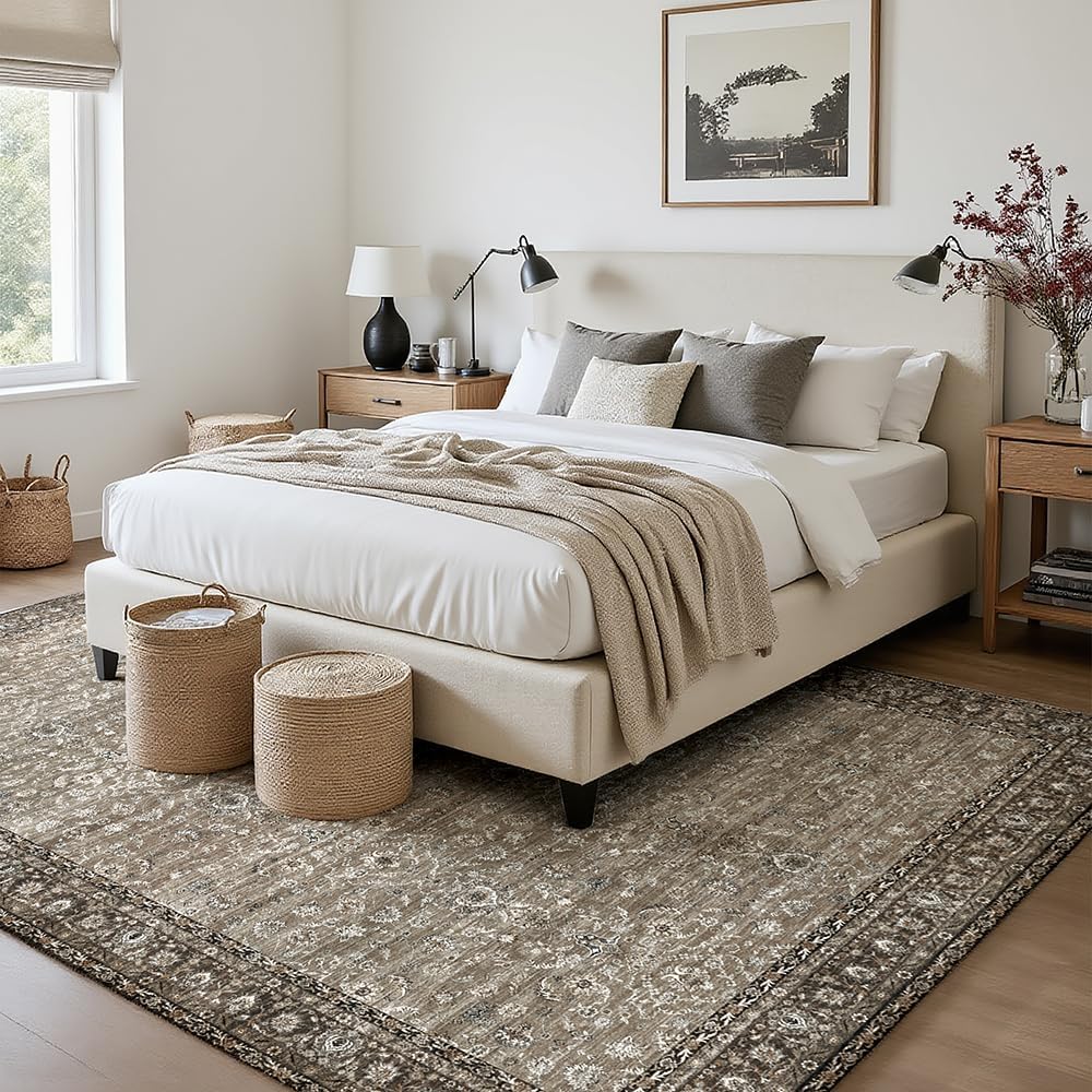 4x6 Area Rugs Grey and Brown Washable Rug for Living Room, Dining Room, Bedroom, Large Carpets, Non Slip & Non-Shedding Low Pile Vintage Print Rug for Home Office Decor