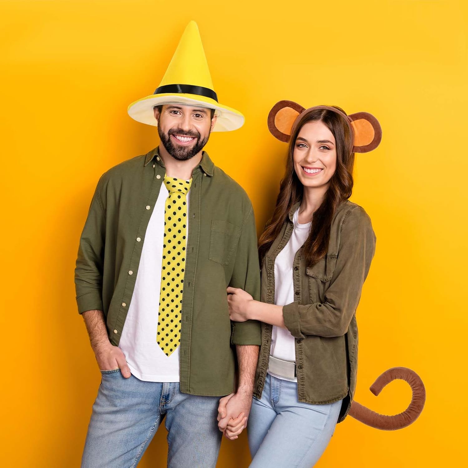 3 Pcs Halloween Monkey Friend Costume Include Yellow Hat,Dots Tie and Belt for Men Women Party Cosplay - Image 5