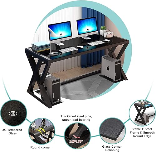 Miniatura 7 de Escritorio de cristal templado con marco de metal, escritorio de oficina, mesa de computadora moderna de estudio de trabajo de escritorio para