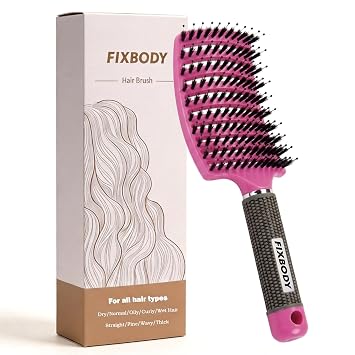 Boar Bristle Hair Brush, Curved Vent Detangling Brush for Wet & Dry Hair | Anti-Static Paddle Brush for Thick Curly Straight Hair Scalp Massage & Fast Blow Drying, Smoothing&Shine for Women,Men&Kids