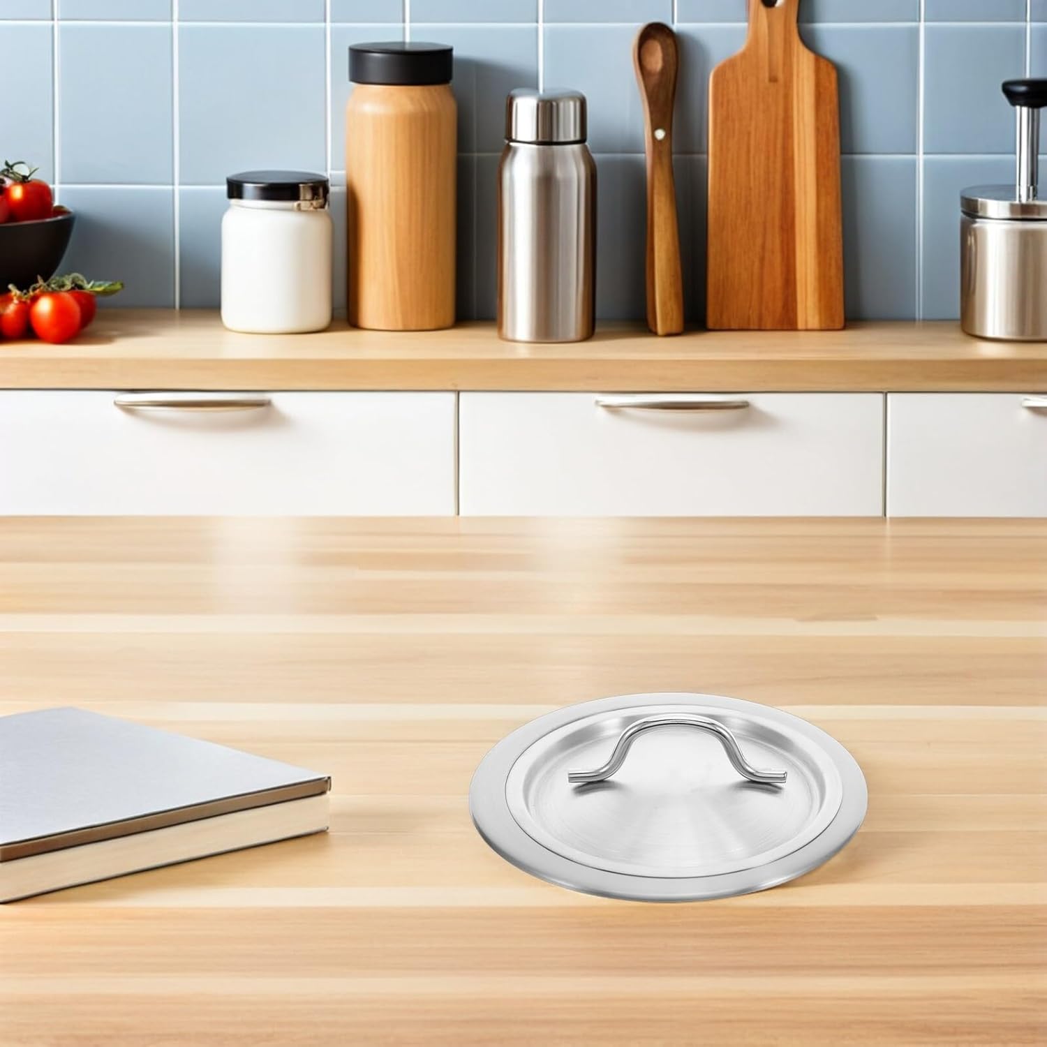 Ciieeo Countertop Recessed Trash Can Lid with Handle, Stainless Steel Built-in Garbage Cover for Kitchen Sink, round Embedded Waste Bin Lid for Food Prep Stations