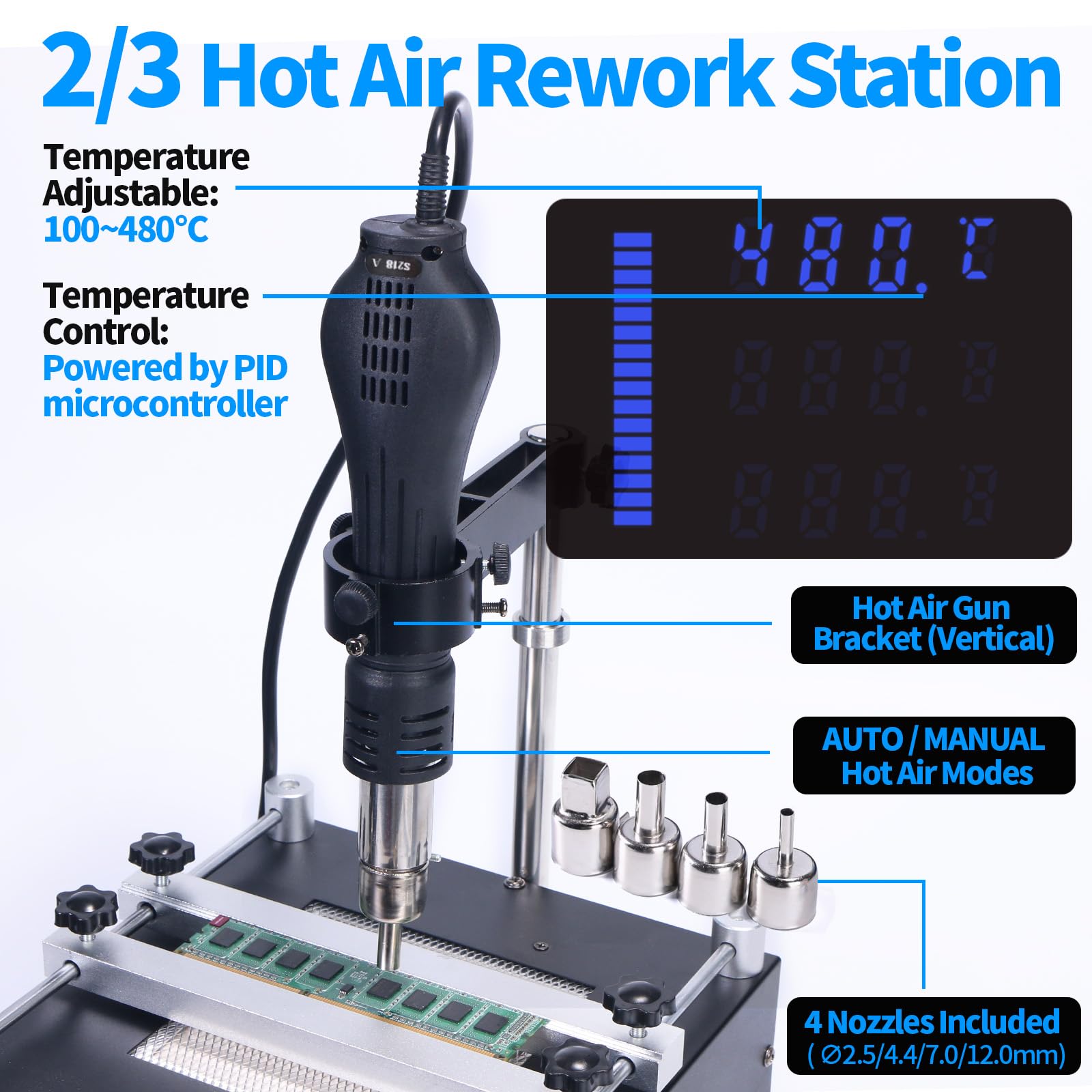 YIHUA 853AAA SMD Estación de soldadura de aire caliente, Juego de estación de soldador y retrabajo, Placa de precalentamiento 3-EN-1 con accesorios(EU Plug)