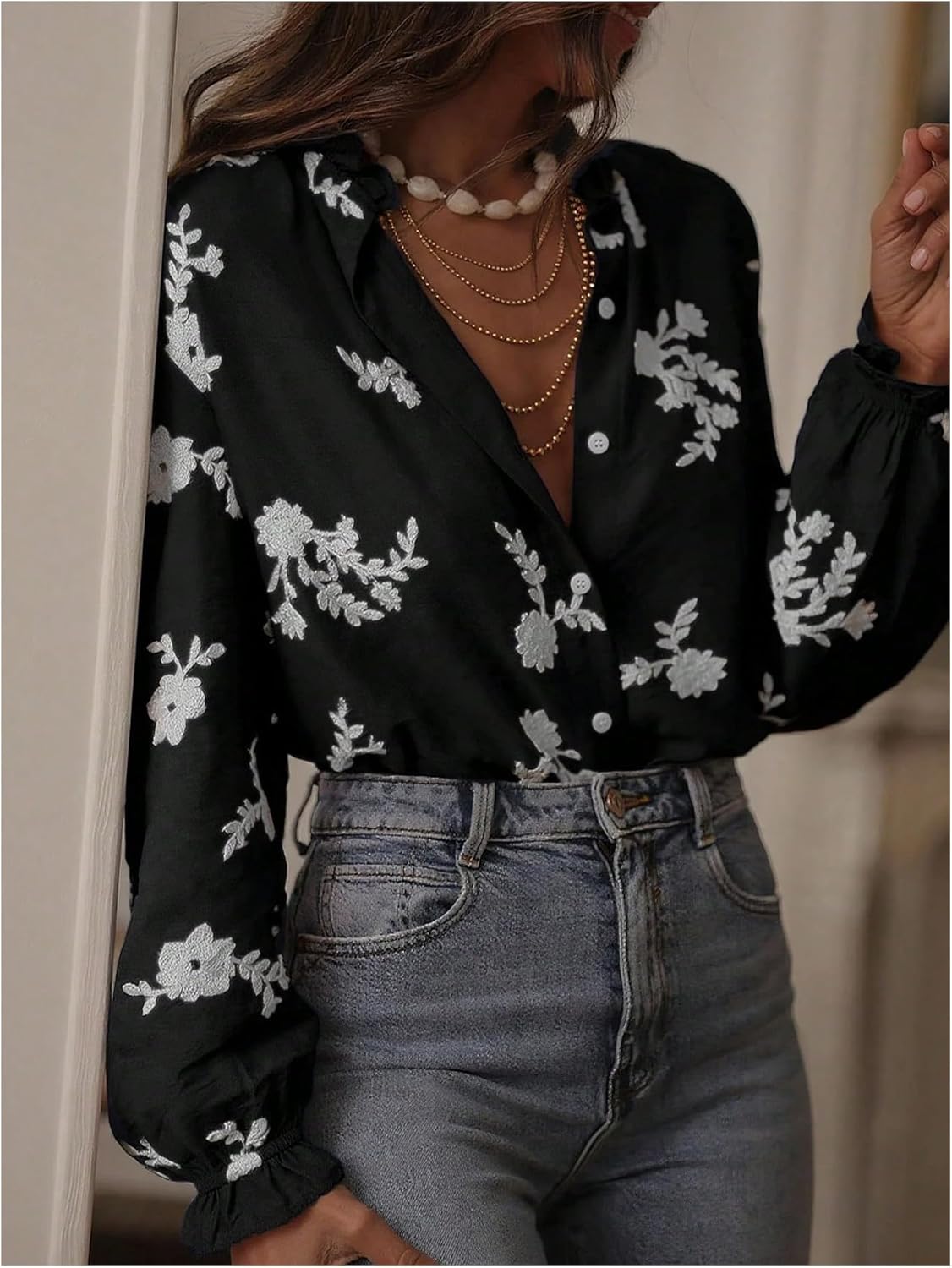 SweatyRocks Women's Floral Blouses Dressy Casual Button Down Shirts Bishop Sleeve Boho Fall Tops - Image 4