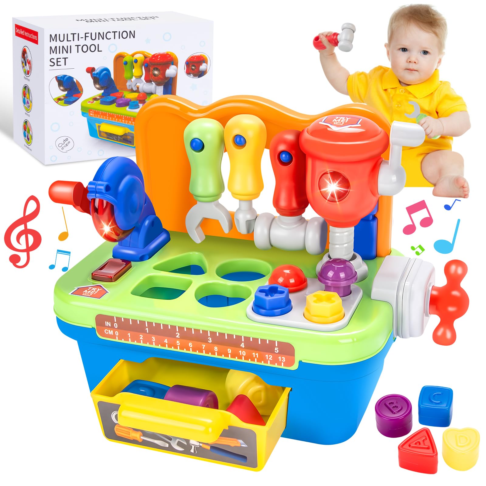 Établi Jouet Bébé 1-3 Ans – Caisse à Outils Avec Musique Et Lumières – Jeu Montessori – Cadeau Garçon Fille