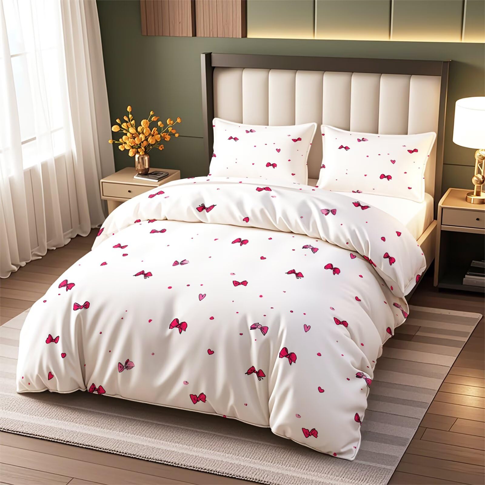 ViblyCoz Red Pink Bow Heart Double Bed Duvet Cover Set White 3 Piece Bedding with 1 Duvet Cover 200x200cm and 2 Pillowcases — image 1