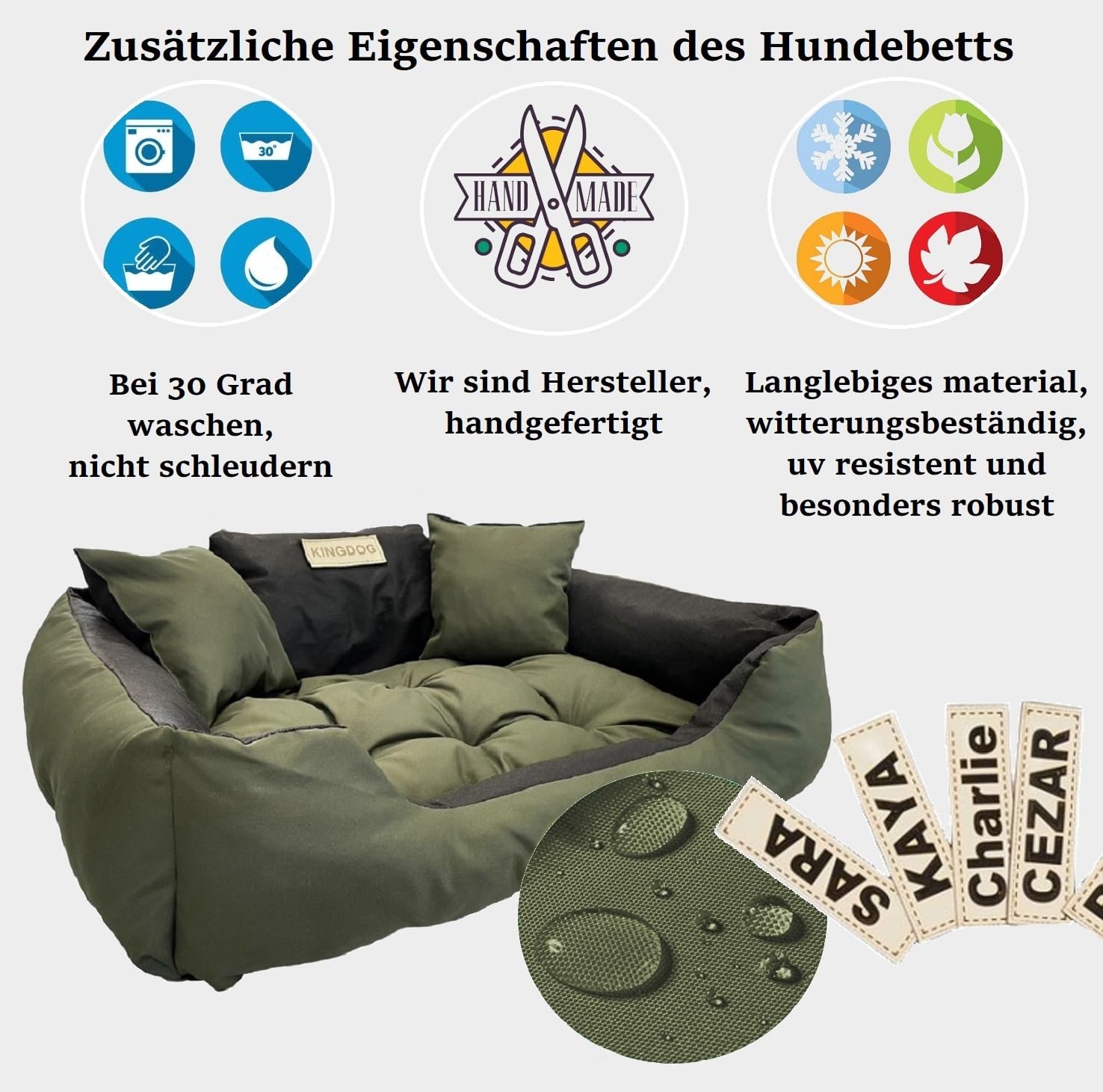 KING DOG Hundebett Grosse Hunde Waschbar L 100 x 75 cm Hundekissen Haustierbett Hundekorb Personalisiert - Name des Hundes Wasserdichtes Material Silikon Füllung Grün