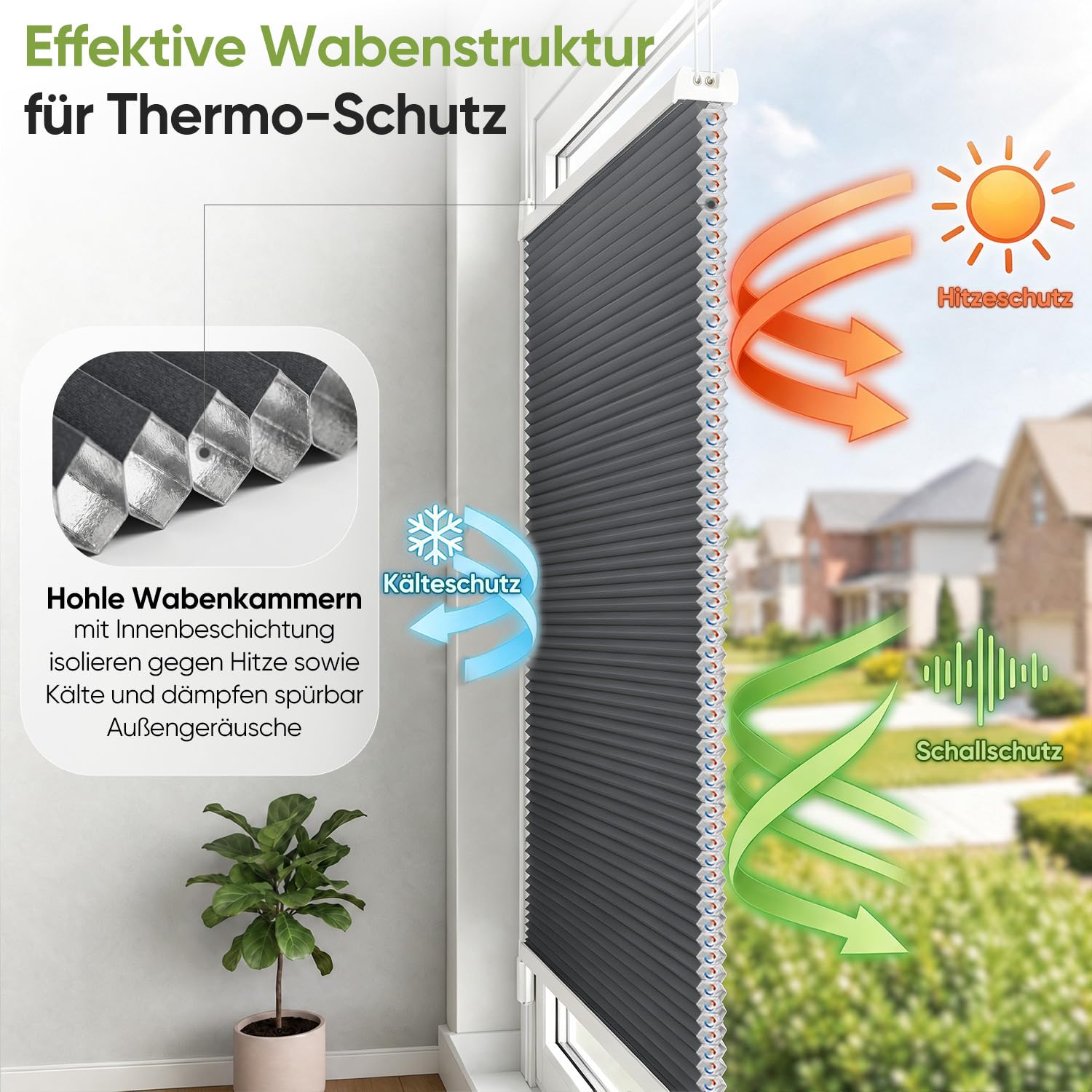 SALCAR Wabenplissee ohne Bohren Verdunkelung, Thermo Doppelplissee Klemmfix Up & Down, Hitze- & Schallschutz Plissee Faltrollo für Fenster und Türen, Zweifarbig (Weiß/Anthrazit), B 100 x H 120 cm