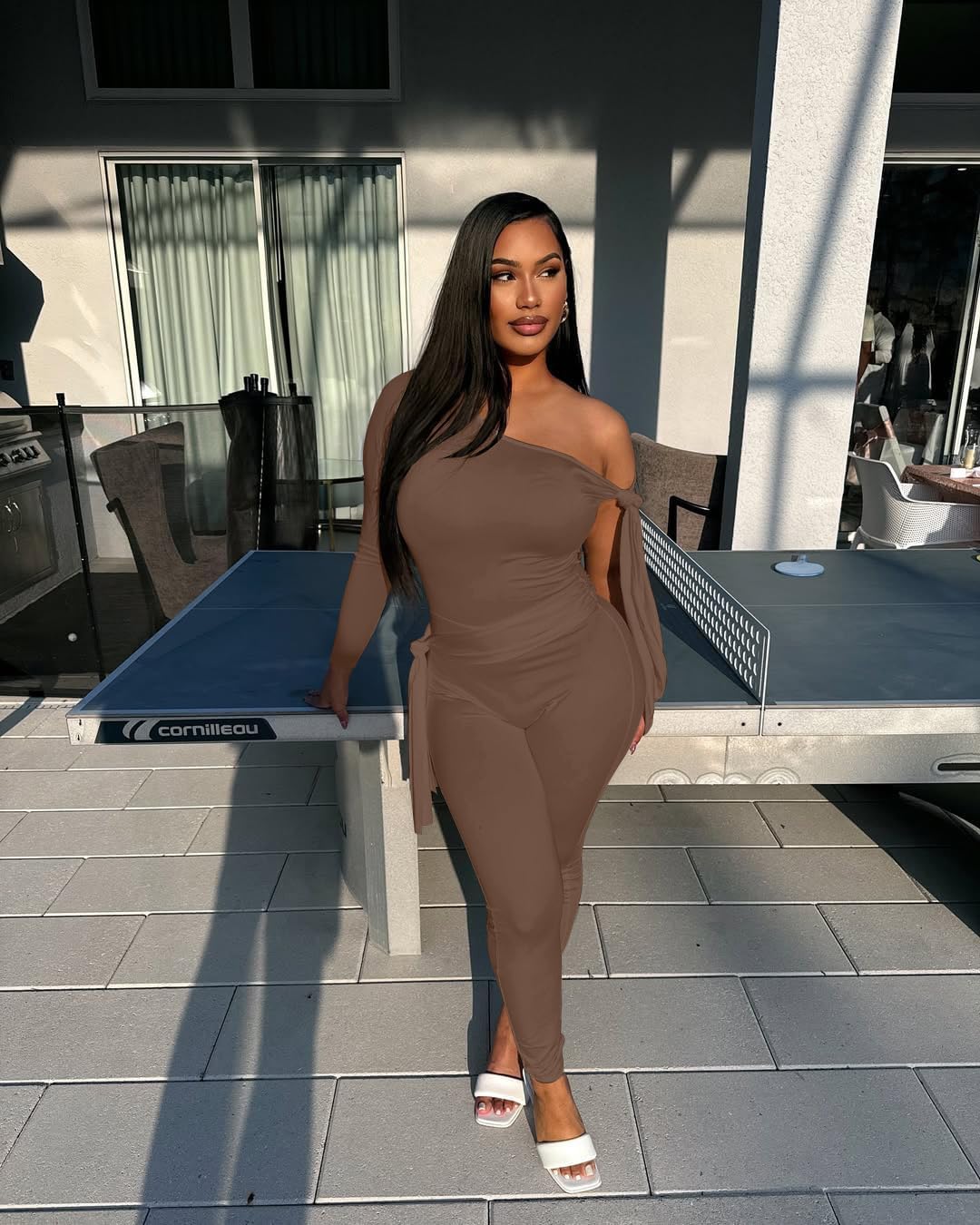 Vssjavun Women 2 Piece Outfits Sexy One Off Shoulder Long Sleeve Tops Skinny Long Pants Sets - Image 6