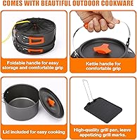 Vista 9 de Hisencn Camping Stove,2 Burner Propane Stove,20000 BTU/h Camping Cooking set Includes Frying Pan,Kettle and Pot,Adjustable Burners & Piezo
