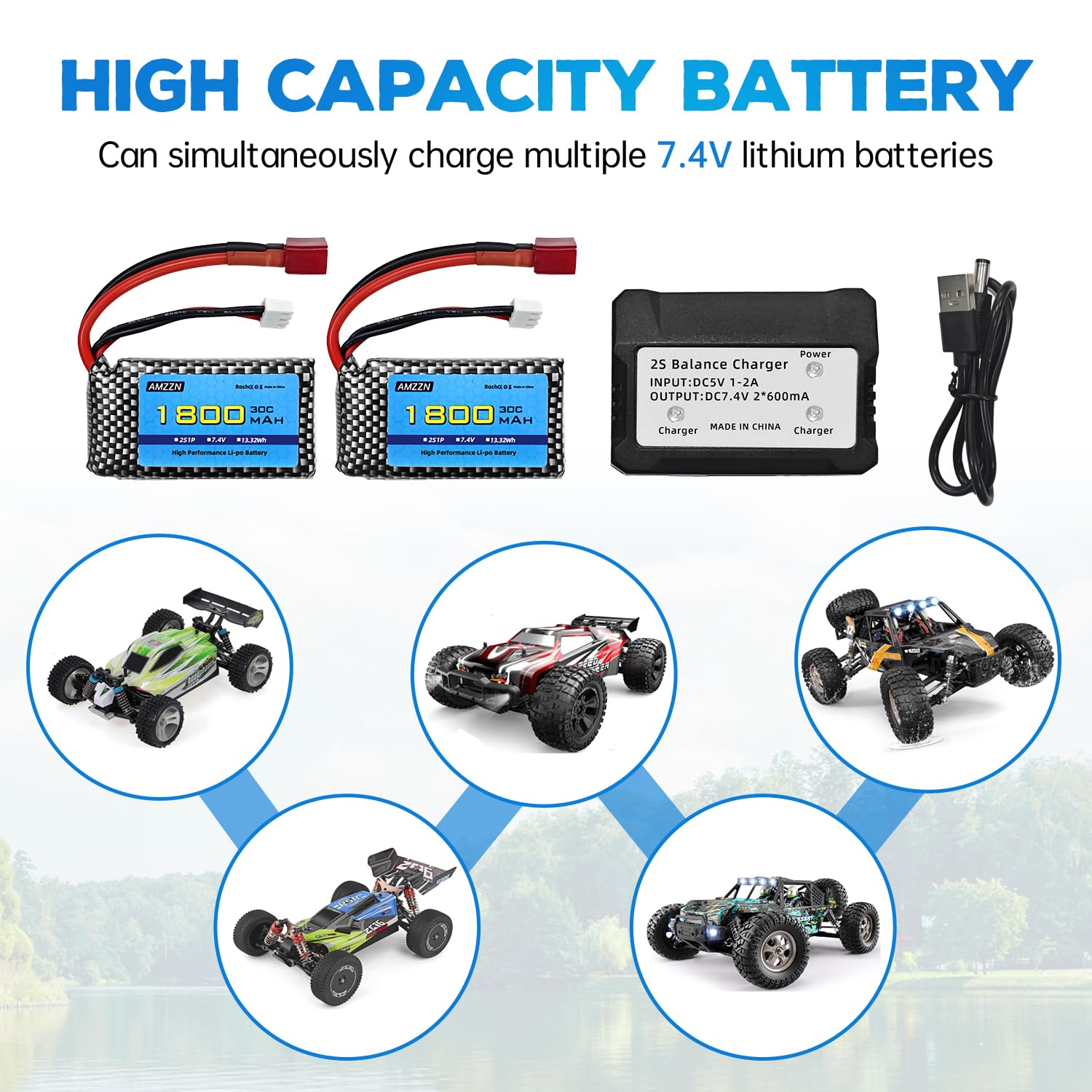 AMZZN Batería LiPo 7.4V 1800mAh 30C Con Cargador 2 En 1 Para Coches RC WLTYOS Y Otros Modelos – Recambio De Alta Capacidad