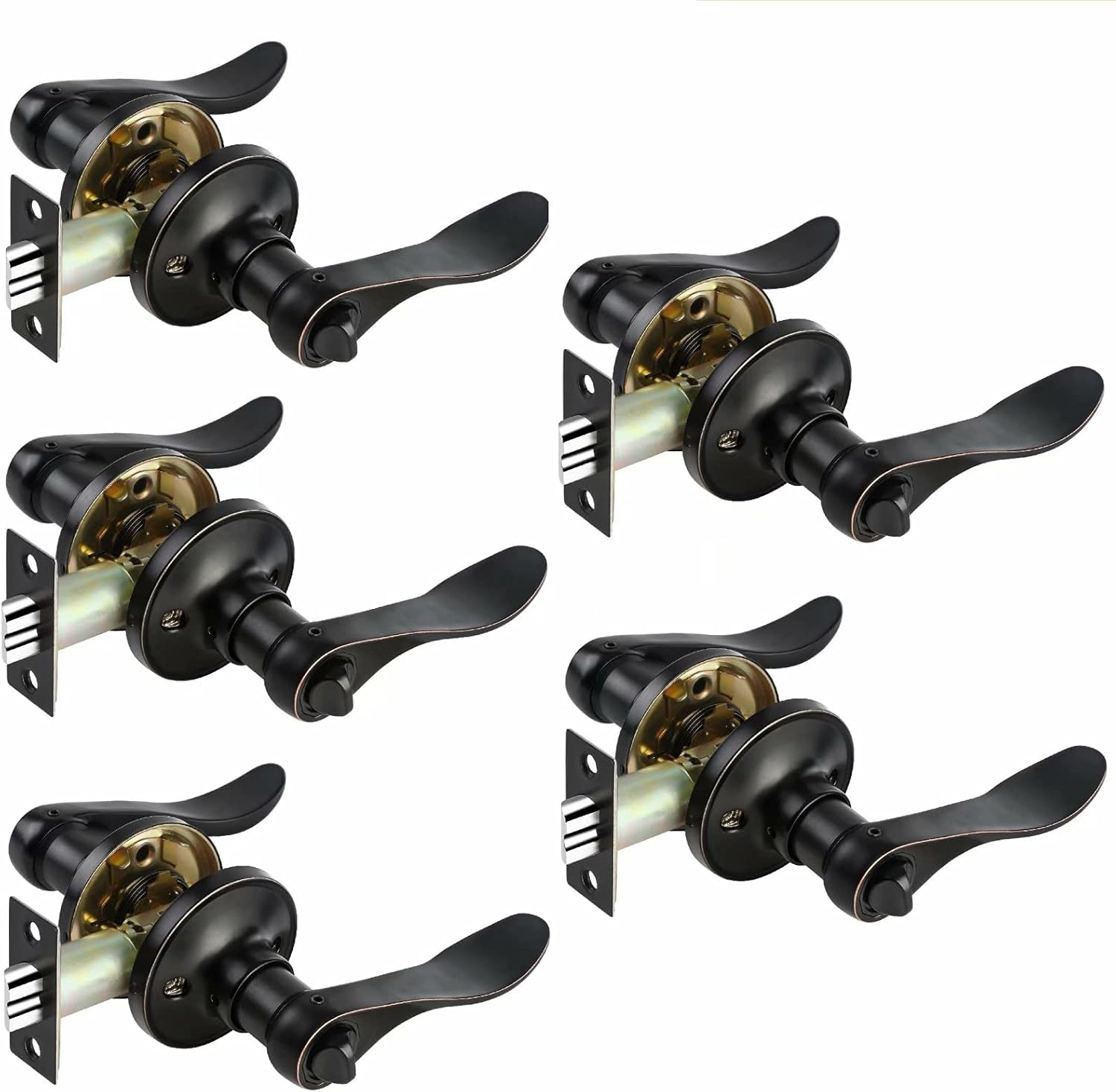 5 Pack Home/Office Privacy Door Lock, Interior Door Knob in Oil Rubbed Bronze Finish Wave Door Lever/Keyless Privacy Door Handle for Bedroom or Bathroom