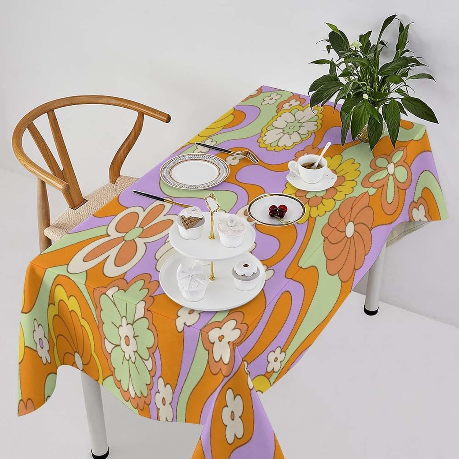 1970s Flower Tablecloth, Cute Cartoon Groovy Flowers Boho Colorful Floral Print Table Cover for Party Kitchen Dinning Rectangle 60x90 Inch