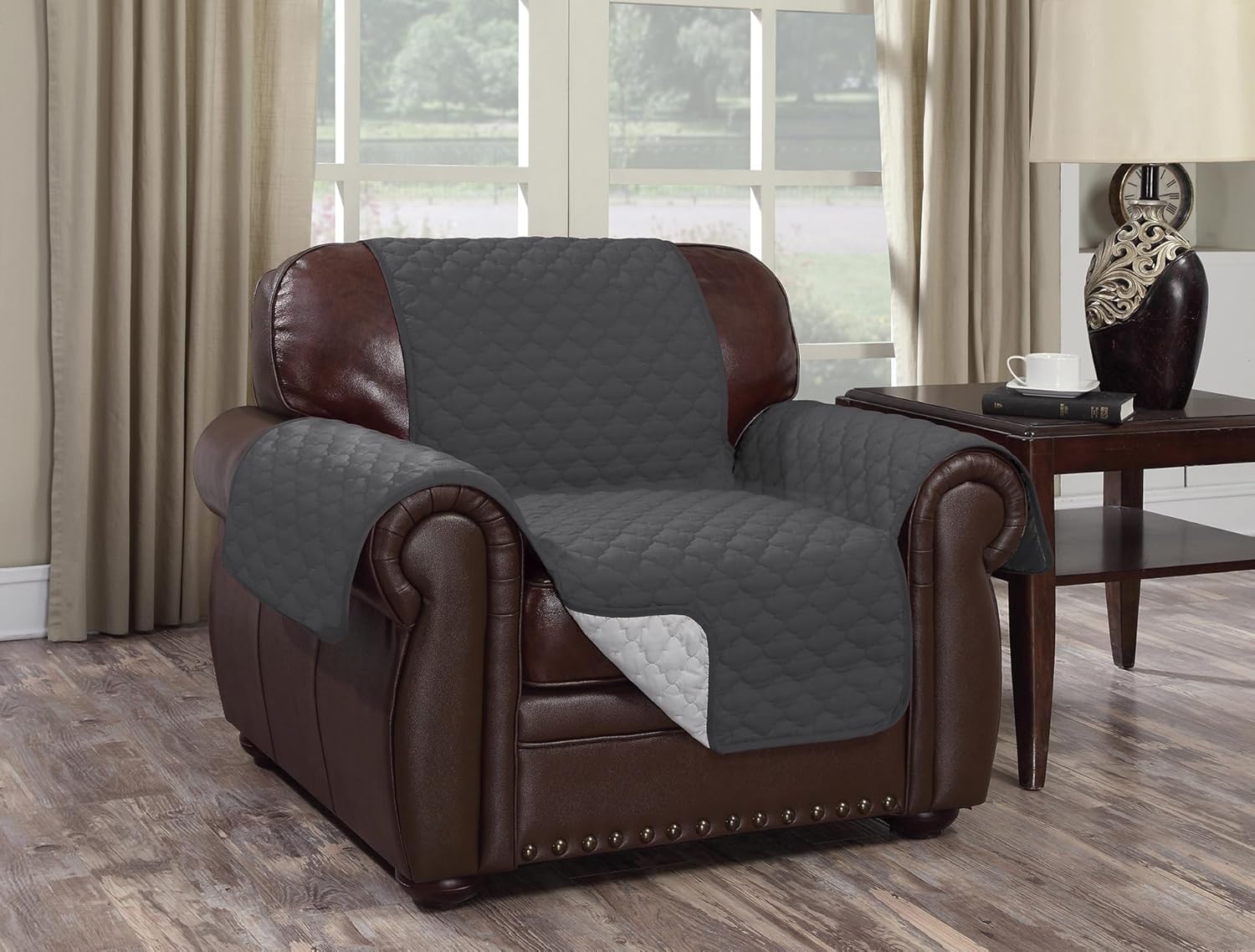 J&V TEXTILES Reversible Couch Cover for 3 Cushion Couch Sofa Cover for Dogs Water Resistant Furniture Protector Cover with Foam Sticks Elastic Straps for Pet Cat (Light Gray/Dark Gray, Chair)