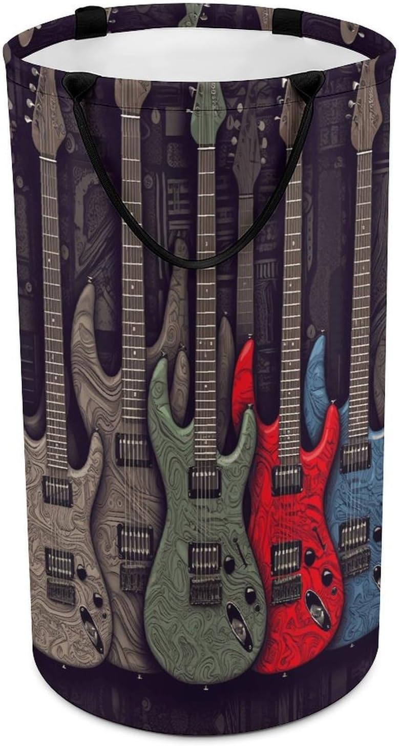 Guitar Pattern Laundry Hamper with Handles Waterproof Collapsible Laundry Basket Large Lightweight Round Dirty Clothes Hamper for Home Dorm Bathroom Decor