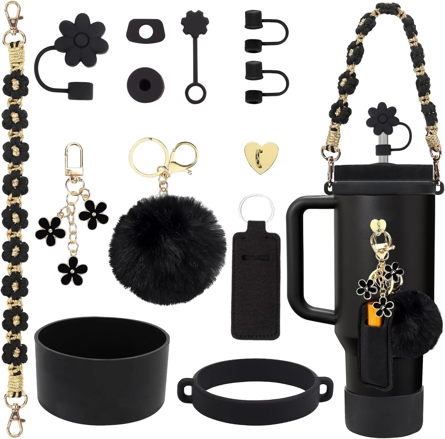 Stanley Cup Accessories Set Including Water Bottle Handle Strap, Siliocne Stanley Cup Boot, Siliocne Straw Cover, Stanley Charms for Stanley Cup 40oz & 30oz Tumbler