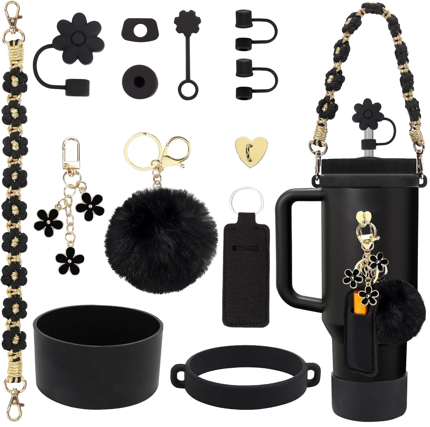 3tyto Stanley Cup Accessories Set Including Water Bottle Handle Strap,Siliocne Straw Cover, Stanley Charms for Stanley Cup (Black Gold)