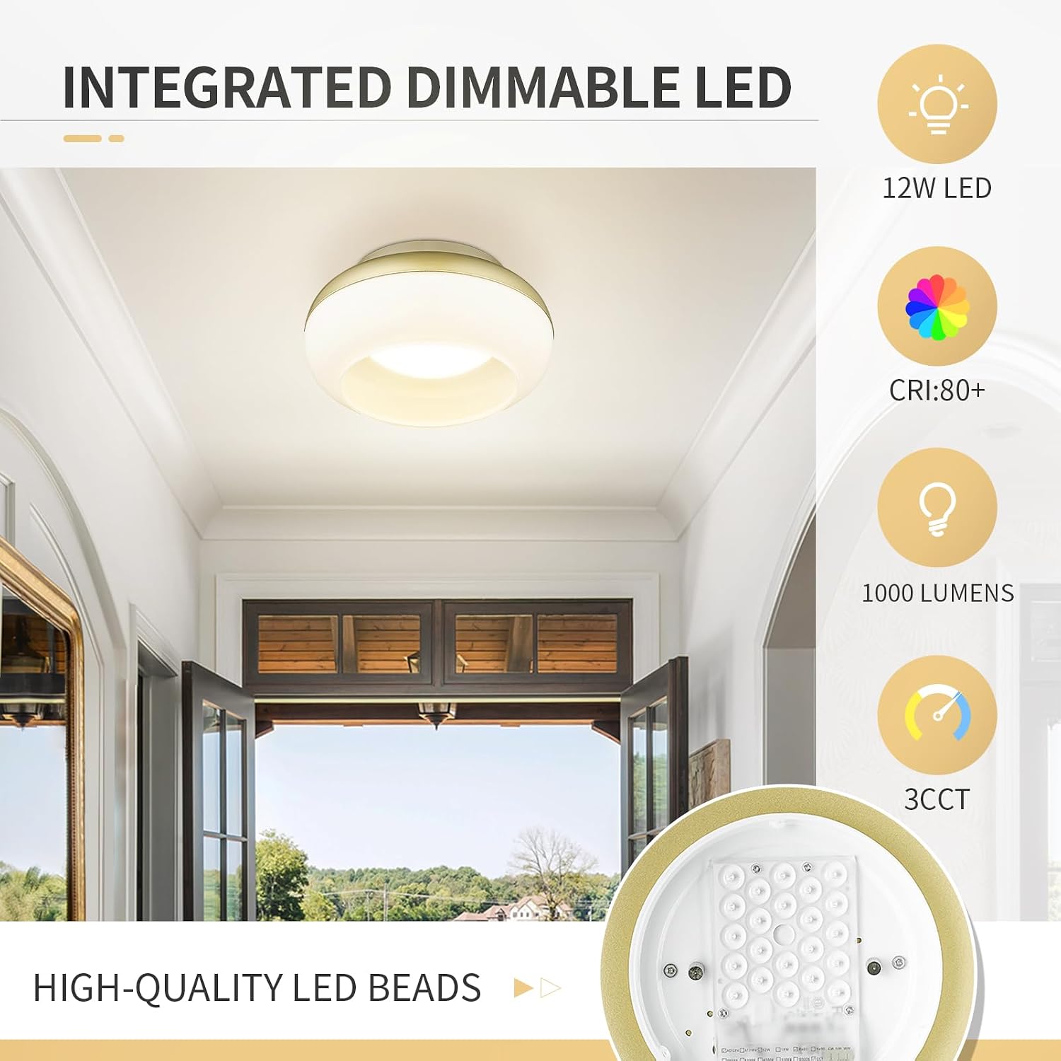zeyu 12W Light Fixtures Ceiling Mount, 12 Inch LED Ceiling Light Fixture with 3 Color Modes (3000K/4000K/6000K), Dimmable Ceiling Light, Antique Gold Finish with Milky White Glass, ZSL68F-LED AG
