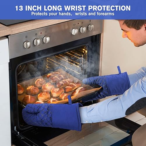 Vista 32 de 6 guantes de horno y soportes para ollas, resistentes al calor de 500 ℉ con toallas de cocina, forro de algodón suave y superficie de silicona Gris