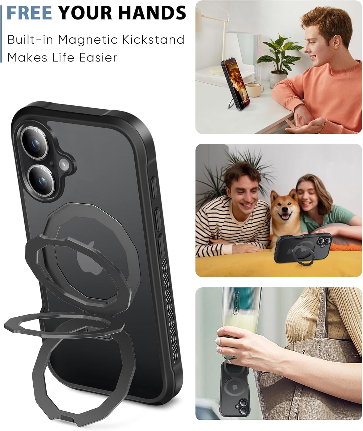 Compatible with iPhone 16 Case, Built-in Screen Protector & Seamless Stand, with Camera Lens Protector, Strong Magnetic Matte Phone Case, Full Body Protective Cover for 6.1 Inch (Black) - Image 3